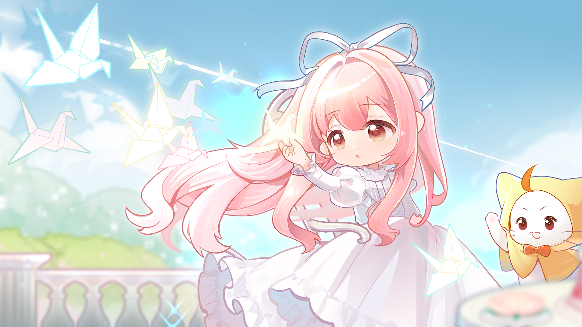momo (nikki), nikki (nikki), nikki (series), artist request, highres, official art, second-party source, 1girl, :o, ahoge, animal, bib collar, blue sky, bow, bowtie, brown eyes, bush, cake, cat, catching, chibi, cloak, clothed animal, cloud, collared dress, day, dress, ear covers, eyelashes, feet out of frame, floating hair, food, frilled dress, frilled sleeves, frills, garden, gown, hair intakes, hair ribbon, hill, hood, hood up, hooded cloak, juliet sleeves, large ribbon, light particles, long dress, long hair, long sidelocks, long sleeves, looking at object, mountainous horizon, orange bow, orange bowtie, origami, outdoors, outstretched arm, paper crane, parted lips, pawpads, pink hair, plate, pleated dress, puffy sleeves, railing, ribbon, sidelocks, sky, smile, table, tareme, traditional bowtie, very long hair, waving, wavy hair, whiskers, white background, white cat, white dress, wind, yellow cloak
