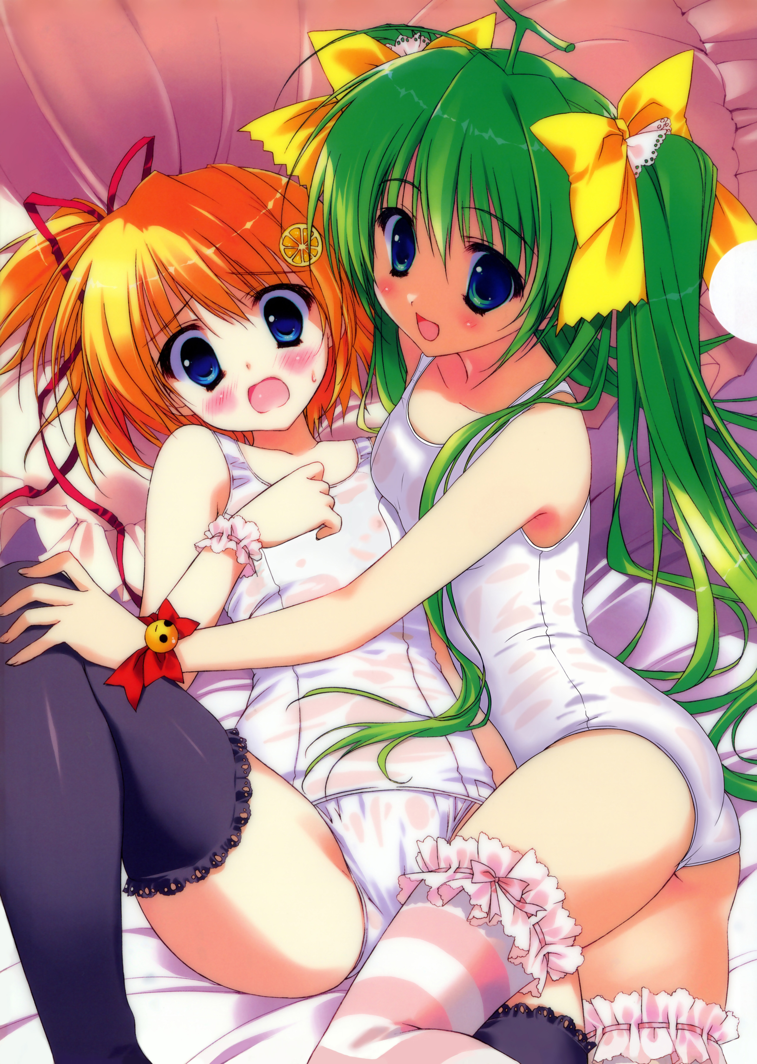 ryouka (suzuya), lemon-chan, melon-chan, melonbooks, frilled legwear, striped legwear, absurdres, highres, 2girls, ass, blonde hair, blue eyes, blush, bow, breasts, flat chest, food-themed hair ornament, fruit hair ornament, green hair, hair ornament, hair ribbon, lemon hair ornament, loli, long hair, lying, multiple girls, nipples, one-piece swimsuit, one side up, open mouth, orange hair, ponytail, red ribbon, ribbon, school swimsuit, see-through clothes, see-through one-piece swimsuit, short hair, side ponytail, small breasts, striped clothes, striped thighhighs, swimsuit, thighhighs, twintails, very long hair, white one-piece swimsuit, white school swimsuit, yellow bow, yuri