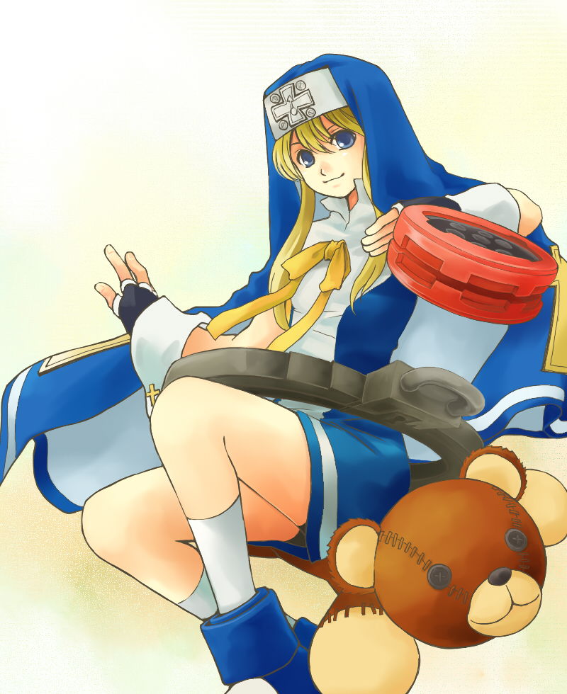 orika, bridget (guilty gear), roger (guilty gear), arc system works, guilty gear, guilty gear xx, habit, 1boy, blonde hair, blue eyes, cross, crossdressing, crossdressing (mtf), fingerless gloves, gloves, male focus, nun, stuffed animal, stuffed toy, teddy bear, trap, yo-yo