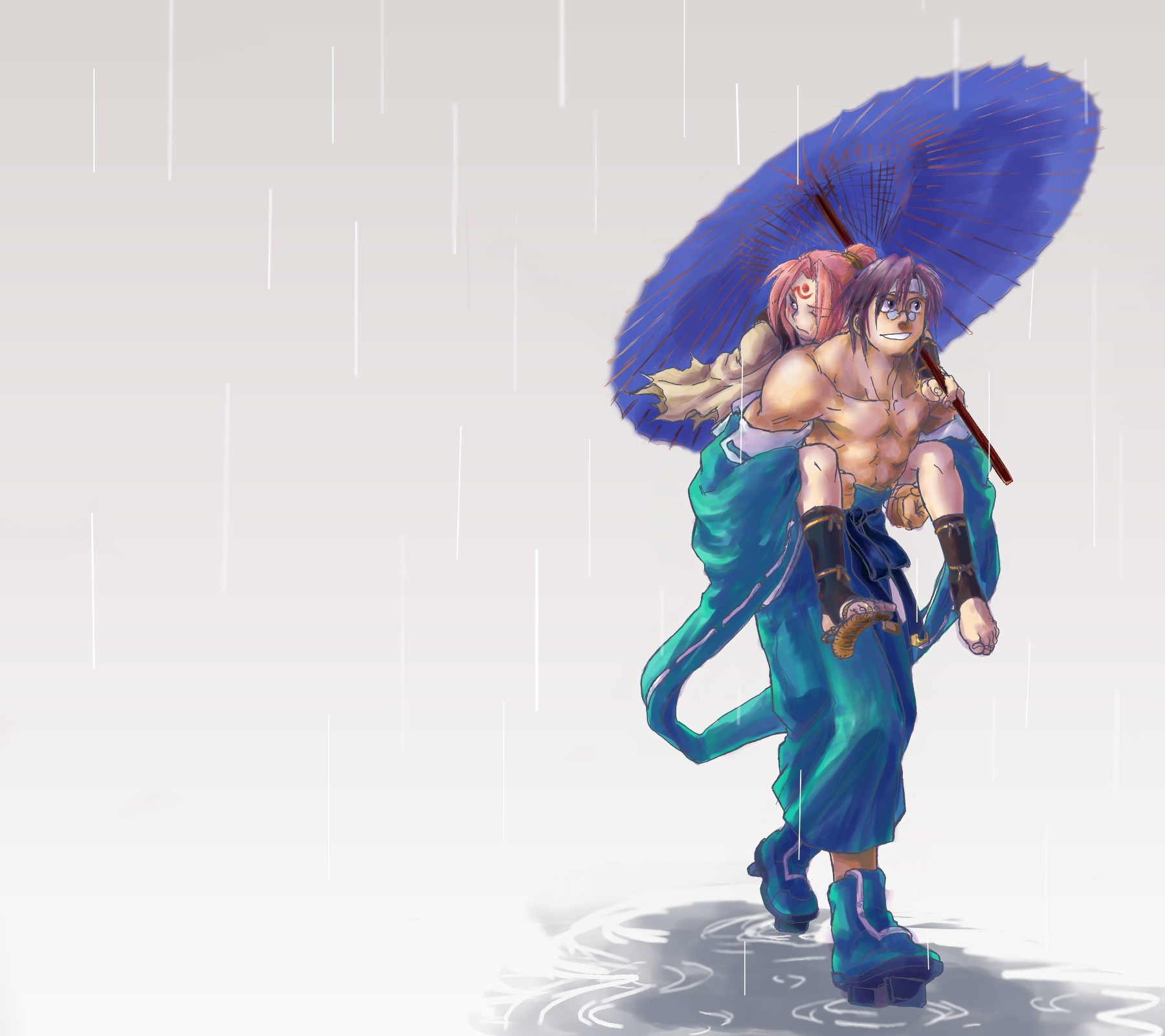 baiken, mito anji, arc system works, guilty gear, highres, 1boy, 1girl, carrying, glasses, holding, holding umbrella, muscular, oil-paper umbrella, one-eyed, piggyback, pink hair, rain, scar, scar across eye, scar on face, topless female, topless male, umbrella