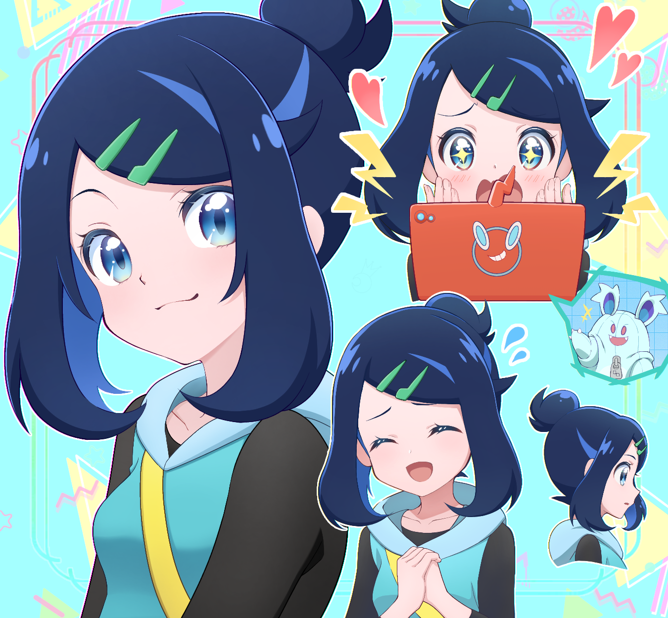 kouzuki (reshika213), liko (pokemon), nidothing, rotom, rotom phone, nintendo, pokemon, pokemon (anime), pokemon horizons, commentary, highres, symbol-only commentary, 2girls, :d, black shirt, blue background, blue eyes, closed eyes, closed mouth, eyelashes, flying sweatdrops, gen 4 pokemon, hair bun, hair ornament, hairclip, hands up, heart, lightning bolt symbol, multiple girls, open mouth, pokemon (creature), shirt, sidelocks, smile, strap, swept bangs, vest