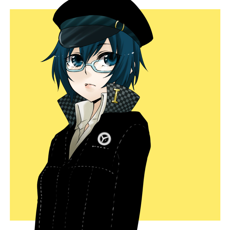shimizu kokeshi, shirogane naoto, atlus, persona, persona 4, looking away, 1girl, androgynous, arms at sides, blue eyes, blue hair, breasts, crossdressing, crossdressing (ftm), female focus, flat chest, glasses, hair between eyes, hat, jacket, lips, matching hair/eyes, newsboy cap, reverse trap, school uniform, short hair, simple background, solo, standing, wavy hair