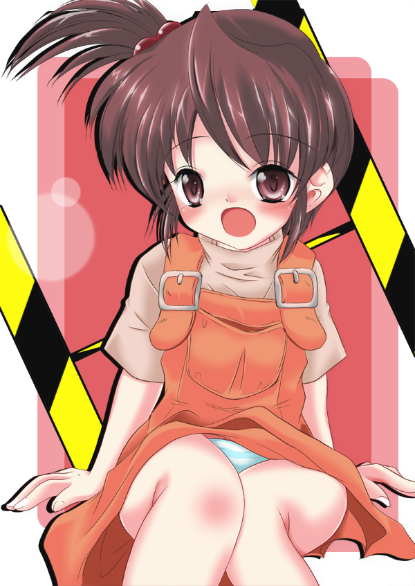 sachuma, kyon no imouto, suzumiya haruhi no yuuutsu, 00s, blush, brown eyes, brown hair, overalls, panties, pantyshot, short hair, side ponytail, sitting, solo, underwear