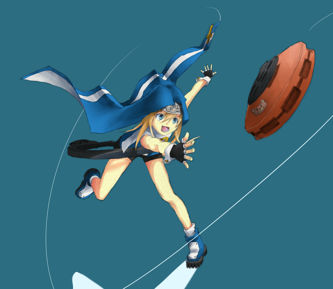 bridget (guilty gear), arc system works, guilty gear, guilty gear xx, bad id, bad pixiv id, highres, 1boy, blonde hair, blue eyes, cross, crossdressing, crossdressing (mtf), fingerless gloves, full body, gloves, male focus, solo, trap, yo-yo