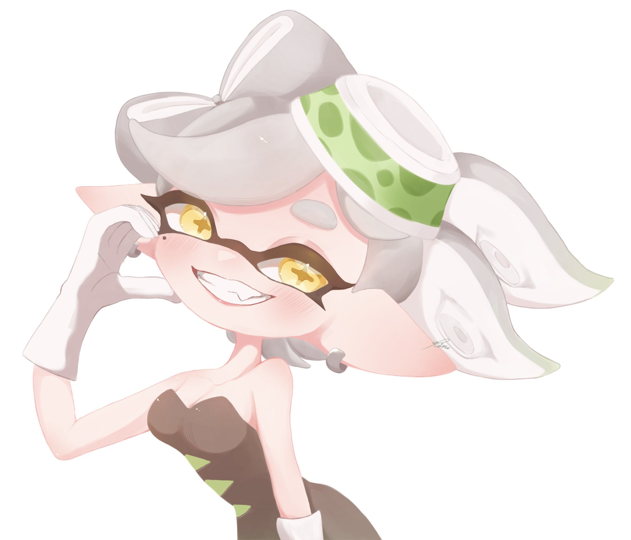 marie (splatoon), marie (squid sisters outfit) (splatoon), nintendo, splatoon (series), splatoon 1, 1girl, blush, breasts, cleavage, dress, earrings, gloves, grey hair, grin, hand on own cheek, hand on own face, head tilt, inkling, jewelry, looking at viewer, medium breasts, mole, mole under eye, multicolored hair, pink lips, pointy ears, rimcaplico, smile, solo, tentacle hair, two-tone hair, upper body, white background, white hair, yellow eyes