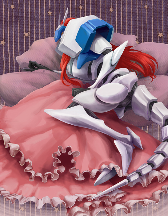 hitotsubashi, justice (guilty gear), arc system works, guilty gear, long hair, lying, mature female, pillow, red hair, robot, tail