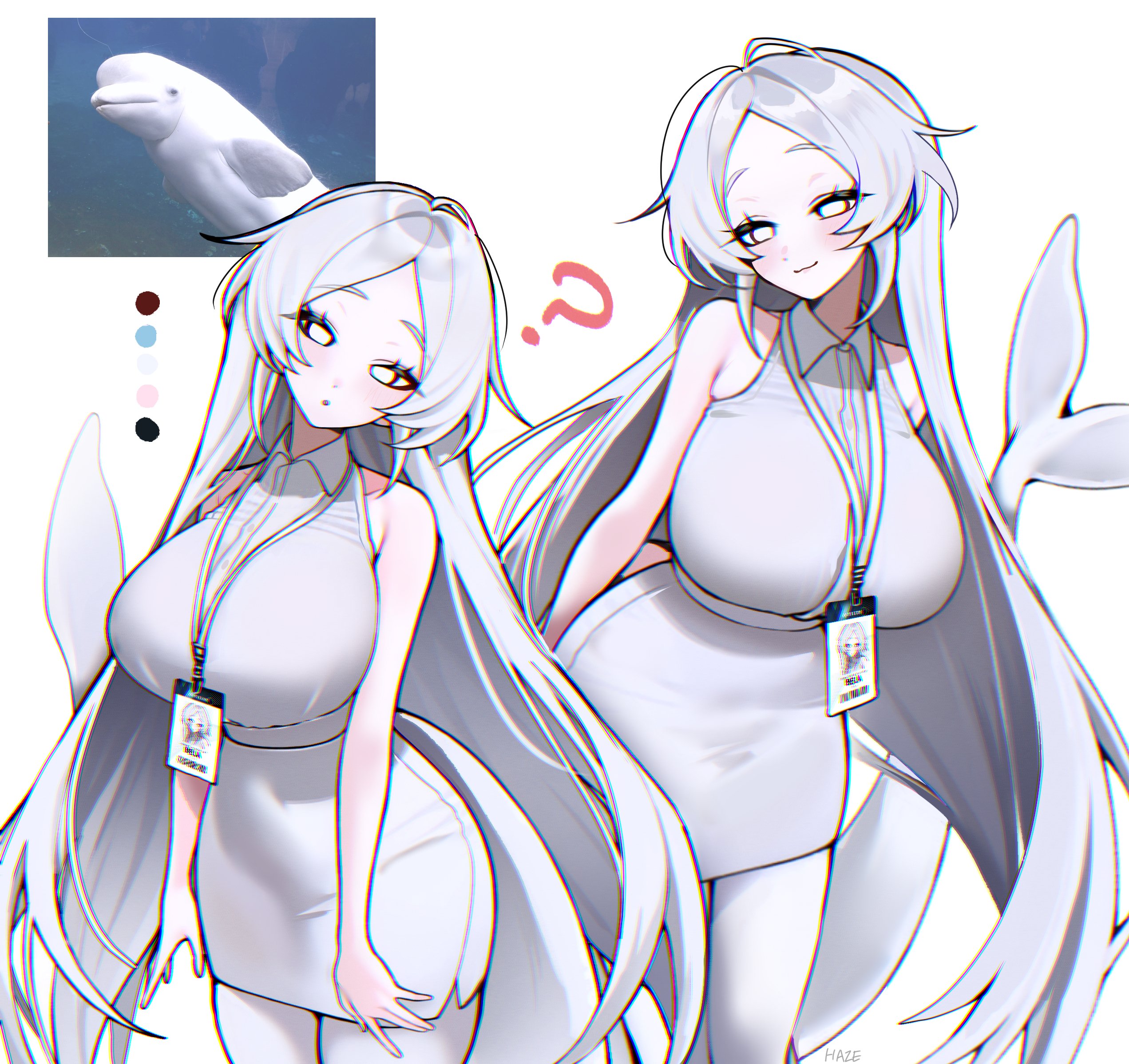 haze (7h4ze), original, highres, 1girl, :o, ?, bare shoulders, beluga whale, breasts, cetacean tail, closed mouth, collared dress, cowboy shot, dress, feet out of frame, fins, fish tail, head tilt, id card, lanyard, large breasts, light blush, long hair, looking at viewer, multiple views, no pupils, open mouth, personification, photo inset, short dress, simple background, sleeveless, sleeveless dress, tail, whale girl, white background, white dress, white eyes, white hair