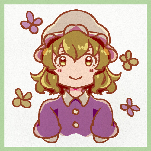 maribel hearn, touhou, lowres, 1girl, blonde hair, blush, blush stickers, buttons, closed mouth, collared shirt, contrast collar, facing viewer, flower, hair between eyes, hat, mob cap, purple shirt, sanwa no jako (daikichi club), shirt, short hair, short sleeves, smile, solo, two-tone background, white background, white hat, yellow eyes