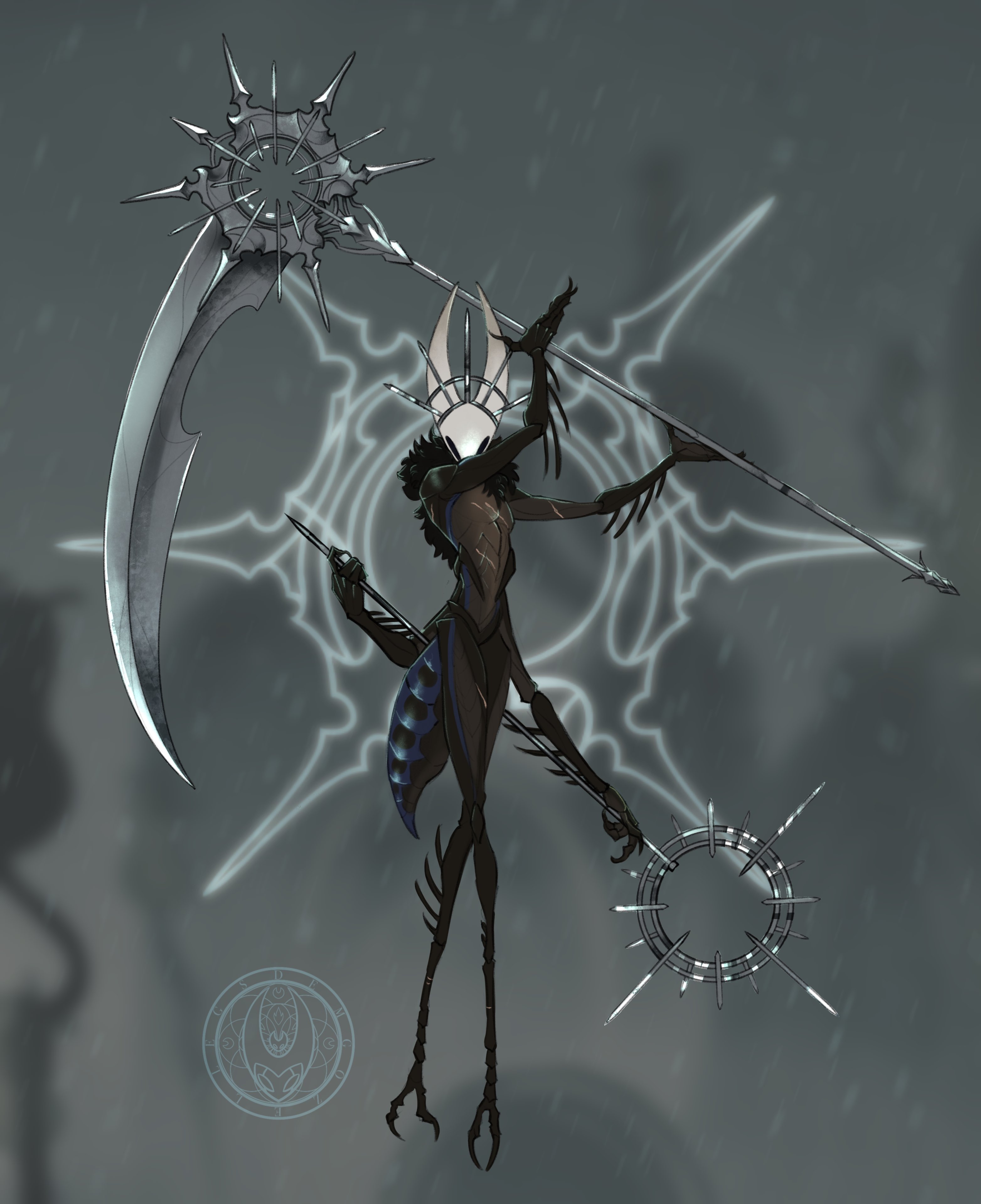 hornet (hollow knight), hollow knight, hollow knight: silksong, absurdres, highres, 1girl, arthropod girl, black eyes, black skin, colored skin, crest (hollow knight), demgozellegs, dual wielding, extra arms, facing viewer, full body, head ornament, holding, holding behind back, holding scythe, holding weapon, holding weapon behind back, hollow eyes, horned mask, horns, looking at viewer, mask, rosary, scythe, solo, weapon, white mask