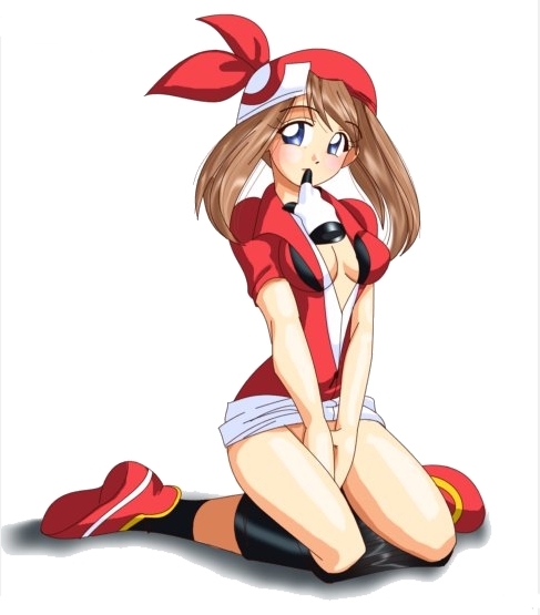 rubyconcream, may (pokemon), nintendo, pokemon, 1girl, bandana, blue eyes, blush, bottomless, breasts, brown hair, cleavage, female focus, gloves, hat, mouth hold, open clothes, open shirt, shirt, simple background, sitting, skirt, solo, wariza, white background, white skirt