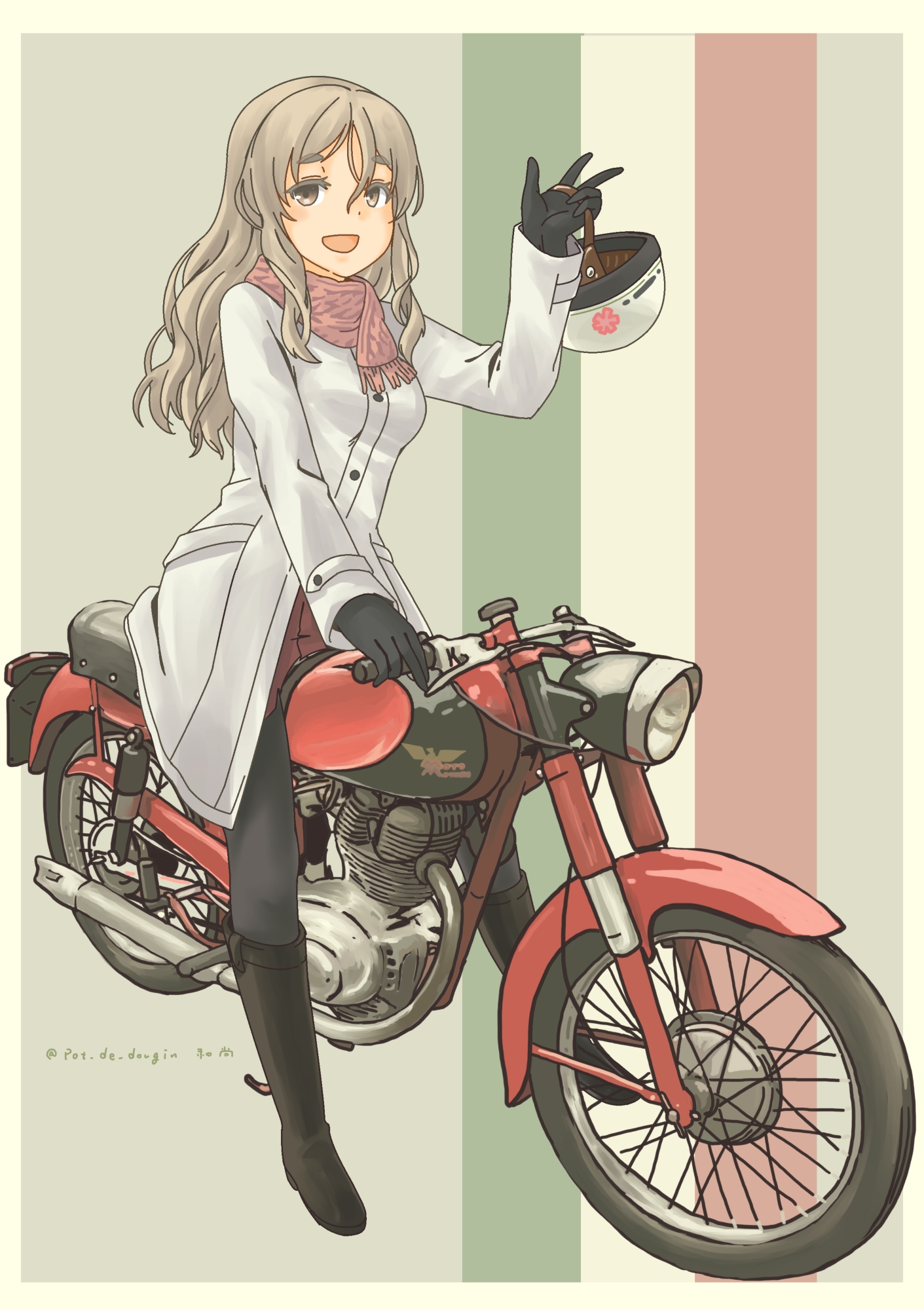 pot-de, pola (kancolle), pola (mitsukoshi) (kancolle), kantai collection, highres, vehicle request, 1girl, black gloves, black pantyhose, brown eyes, coat, flag background, gloves, grey hair, hair between eyes, helmet, italian flag, long hair, motor vehicle, motorcycle, pantyhose, pink scarf, riding, scarf, smile, solo, thick eyebrows, unworn headwear, unworn helmet, wavy hair, white coat