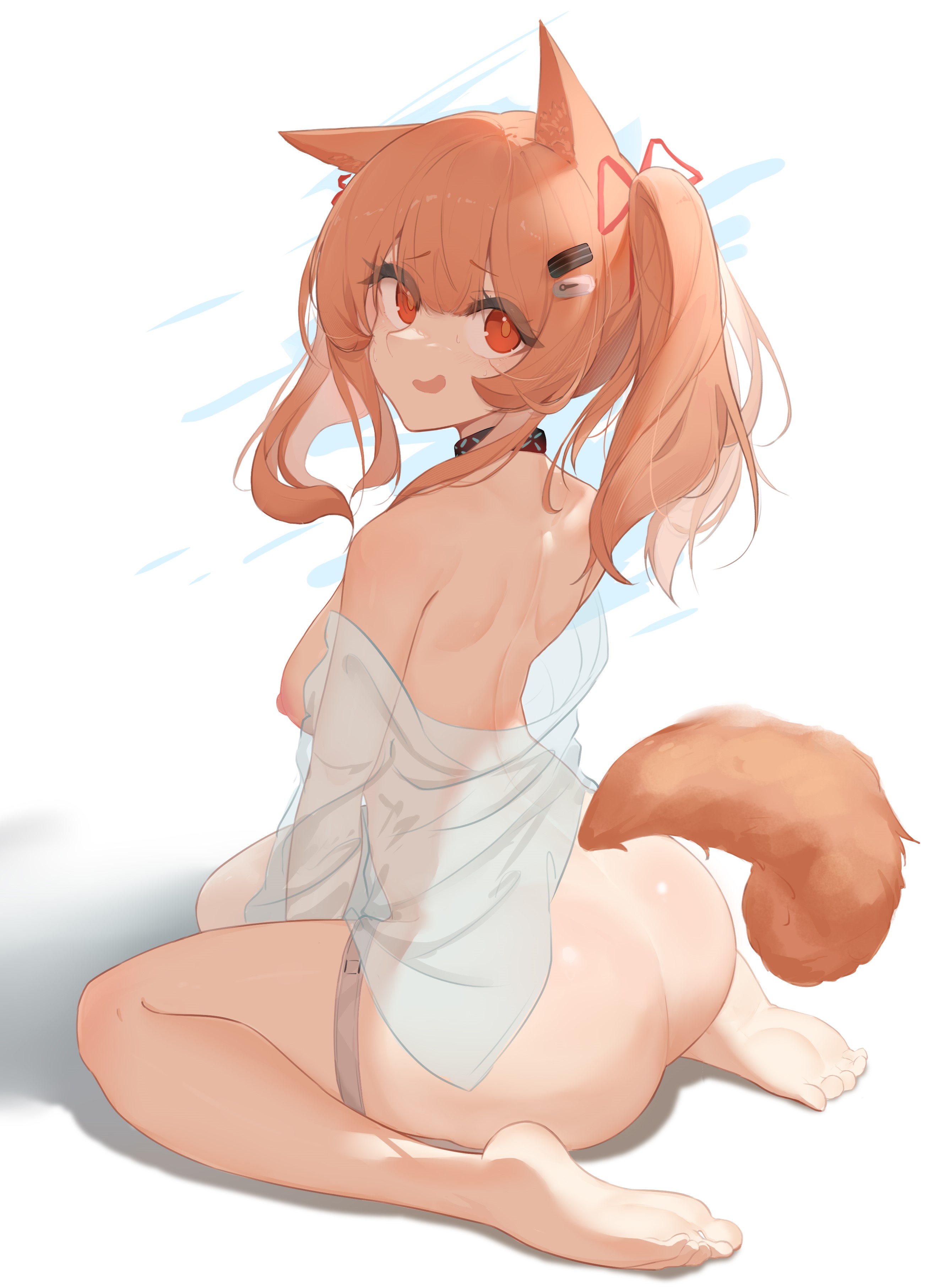 sarea (sarea2020), angelina (arknights), angelina (summer flower) (arknights), infection monitor (arknights), arknights, absurdres, chinese commentary, commentary request, highres, 1girl, animal ears, aqua collar, ass, barefoot, black collar, breasts, brown hair, collar, fox ears, fox girl, fox tail, from behind, hair ornament, hair ribbon, hairclip, long hair, looking at viewer, medium breasts, multicolored collar, nipples, nude, official alternate costume, open mouth, parallel hairclips, red eyes, red ribbon, ribbon, see-through clothes, simple background, sitting, solo, swimsuit cover-up, tail, thigh strap, thighs, two-tone collar, wariza, white background