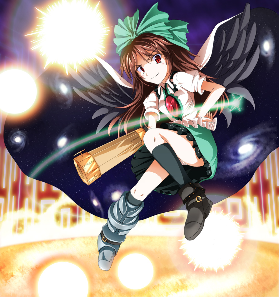 tri, reiuji utsuho, touhou, 1girl, asymmetrical clothes, asymmetrical footwear, bow, brown hair, female focus, long hair, mismatched footwear, panties, red eyes, solo, underwear, wings