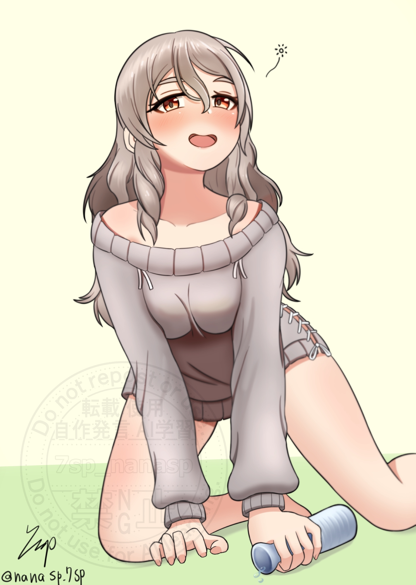 nanasp 7sp, pola (kancolle), pola (saury festival) (kancolle), kantai collection, commentary request, highres, 1girl, all fours, bottle, brown eyes, dress, drunk, grey dress, grey hair, hair between eyes, holding, holding bottle, long hair, looking at viewer, off-shoulder dress, off shoulder, official alternate costume, signature, solo, sweater, sweater dress, tokkuri, twitter username