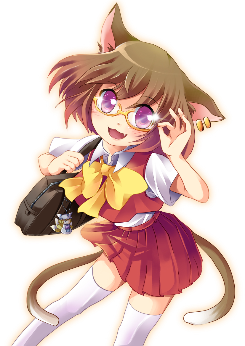 toda ayu, chen, yakumo ran, touhou, bad id, bad pixiv id, 1girl, adjusting eyewear, animal ears, animal hat, bag, bag charm, bespectacled, bow, bowtie, brown hair, cameo, cat ears, cat girl, cat tail, character charm, character doll, charm (object), doll, earrings, fang, female focus, glasses, hands in opposite sleeves, hat, jewelry, long sleeves, mob cap, multiple tails, no headwear, pleated skirt, purple eyes, short hair, short sleeves, shoulder bag, simple background, skirt, solo, tail, thighhighs, white background, white thighhighs, yellow bow, yellow bowtie