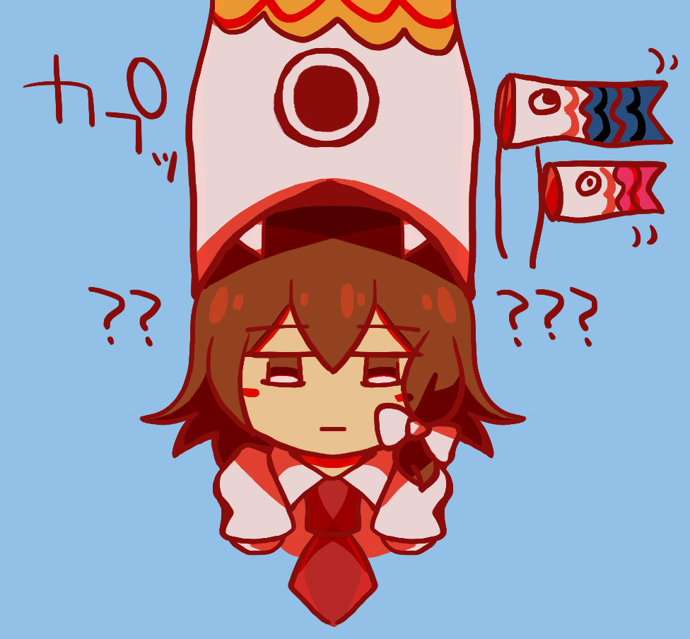 usami renko, touhou, translation request, :|, ?, alternate headwear, blank eyes, blue background, blush stickers, bow, brown hair, closed mouth, collared shirt, confused, facing viewer, hair between eyes, hair bow, koinobori, necktie, red necktie, sanwa no jako (daikichi club), shirt, short hair, simple background, white bow, white shirt, windsock