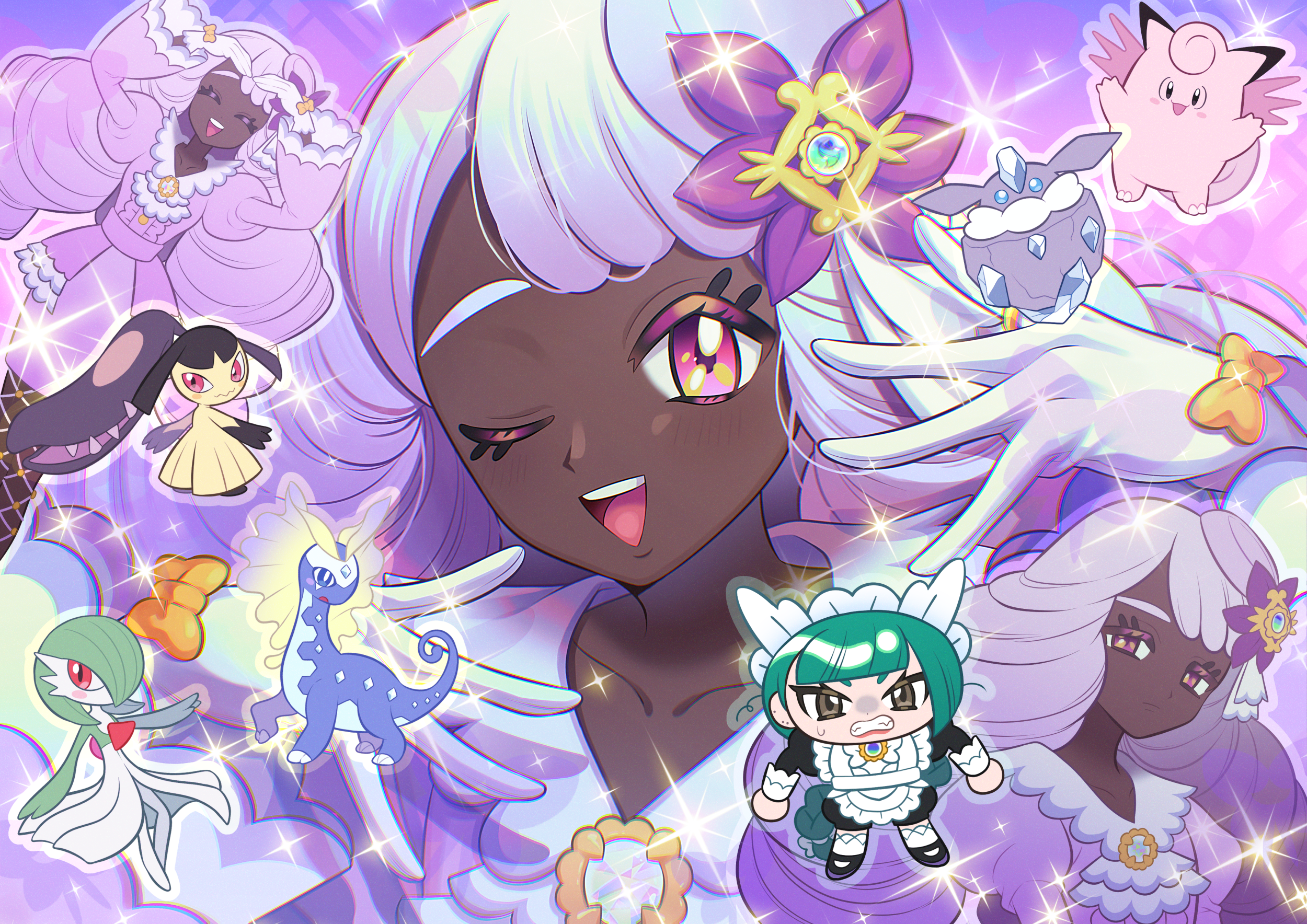 aurorus, carbink, clefable, gardevoir, jacinthe (pokemon), lebanne (pokemon), mawile, nintendo, pokemon, pokemon legends: z-a, commentary request, highres, 2girls, ;d, bow, collarbone, dark-skinned female, dark skin, donguri dp, dress, gen 1 pokemon, gen 3 pokemon, gen 6 pokemon, glove bow, gloves, hands up, long sleeves, looking at viewer, multiple girls, multiple views, one eye closed, open mouth, pink eyes, smile, sparkle, teeth, tilted headwear, tongue, upper teeth only, white gloves, yellow bow
