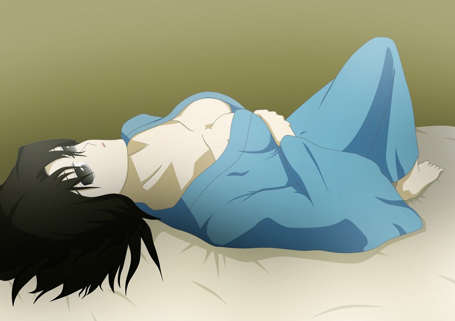 ryuu higashi, ryougi shiki, kara no kyoukai, bad id, bad pixiv id, 1girl, barefoot, bed, black eyes, black hair, breasts, cleavage, feet, female focus, lying, medium breasts, on back, short hair, solo