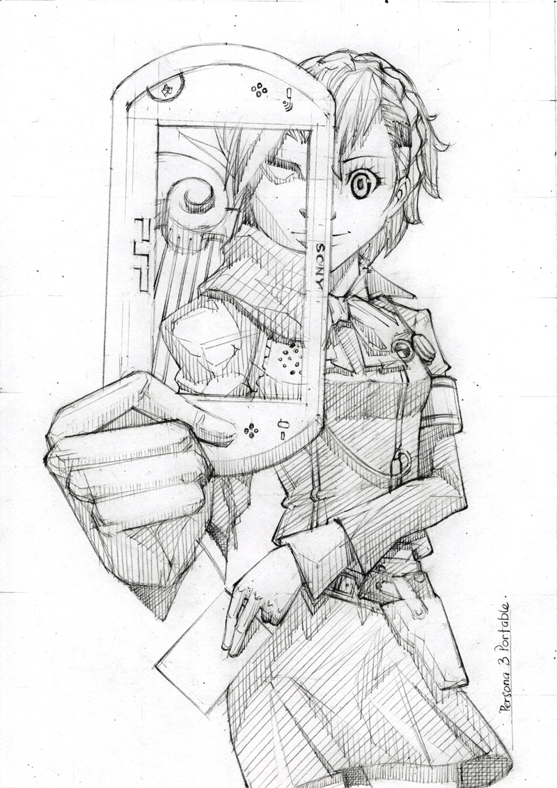 aeues, masquevale, orpheus (persona), shiomi kotone, atlus, persona, persona 3, persona 3 portable, bad id, bad pixiv id, 1girl, card, female focus, greyscale, gun, hair ornament, hairclip, handheld game console, headphones, holding, holding card, monochrome, playstation portable, playstation portable go, ribbon, school uniform, short hair, sketch, skirt, solo, weapon