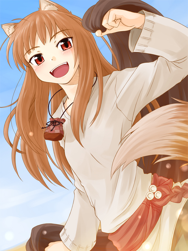 punto, holo, spice and wolf, 00s, 1girl, animal ear fluff, animal ears, brown hair, day, female focus, happy, outdoors, red eyes, solo, tail, wolf ears, wolf tail
