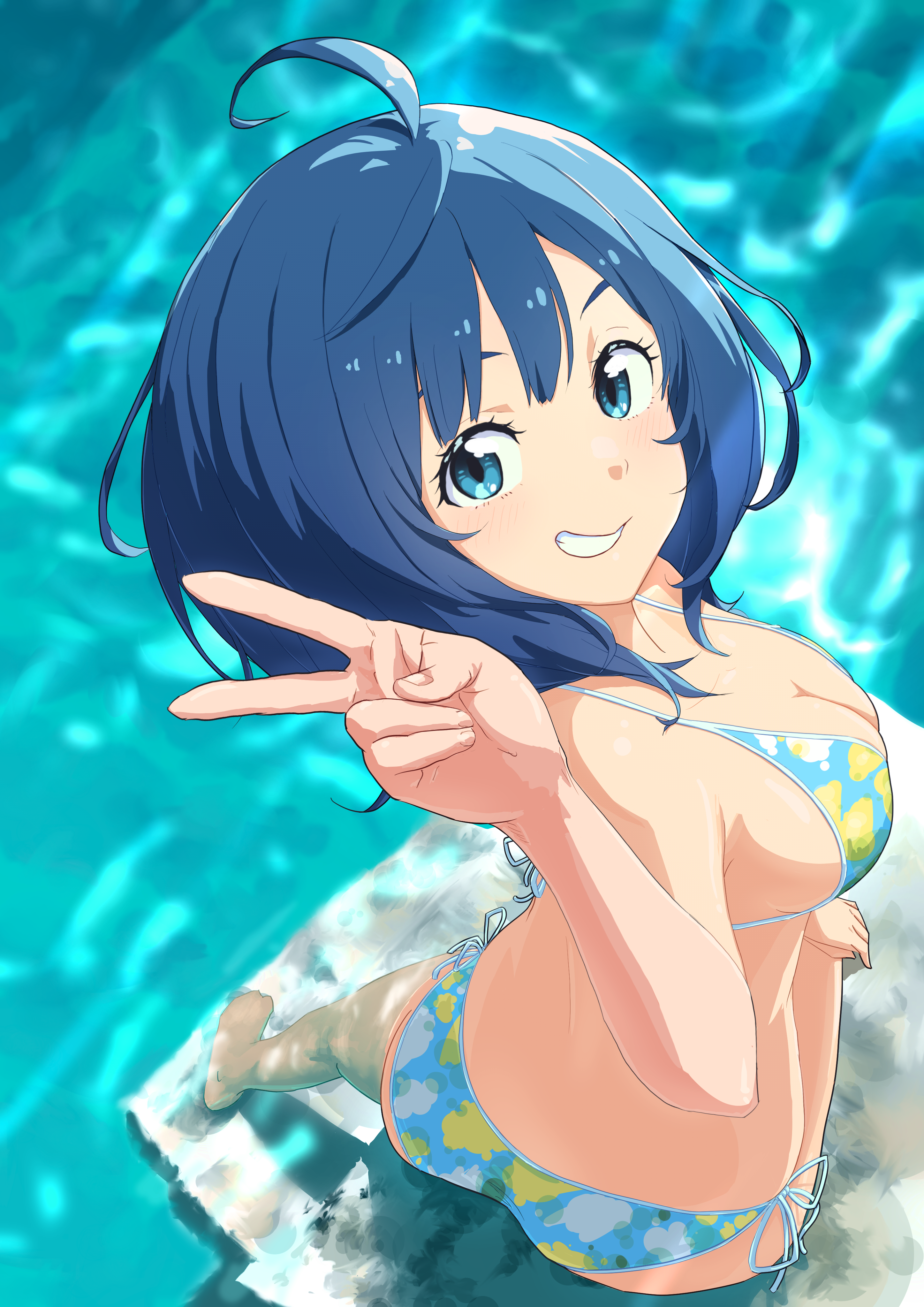 imzen, yanami anna, make heroine ga oo sugiru!, absurdres, highres, 1girl, bikini, blue bikini, blue eyes, blue hair, breasts, cleavage, floral print, from above, from behind, gluteal fold, grin, large breasts, looking at viewer, looking back, medium breasts, side-tie bikini bottom, smile, solo, swimsuit
