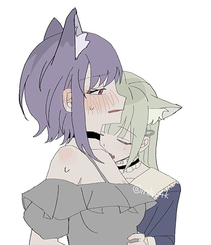 mdin4k, wakaba mutsumi, yuutenji nyamu, bang dream!, bang dream! it's mygo!!!!!, commentary, 2girls, animal ear fluff, animal ears, black choker, blue dress, blush, cat ears, choker, dress, ear blush, fang, grey shirt, kemonomimi mode, multiple girls, off-shoulder shirt, off shoulder, parted lips, pink eyes, purple hair, shirt, short hair, simple background, skin fang, white background, yuri