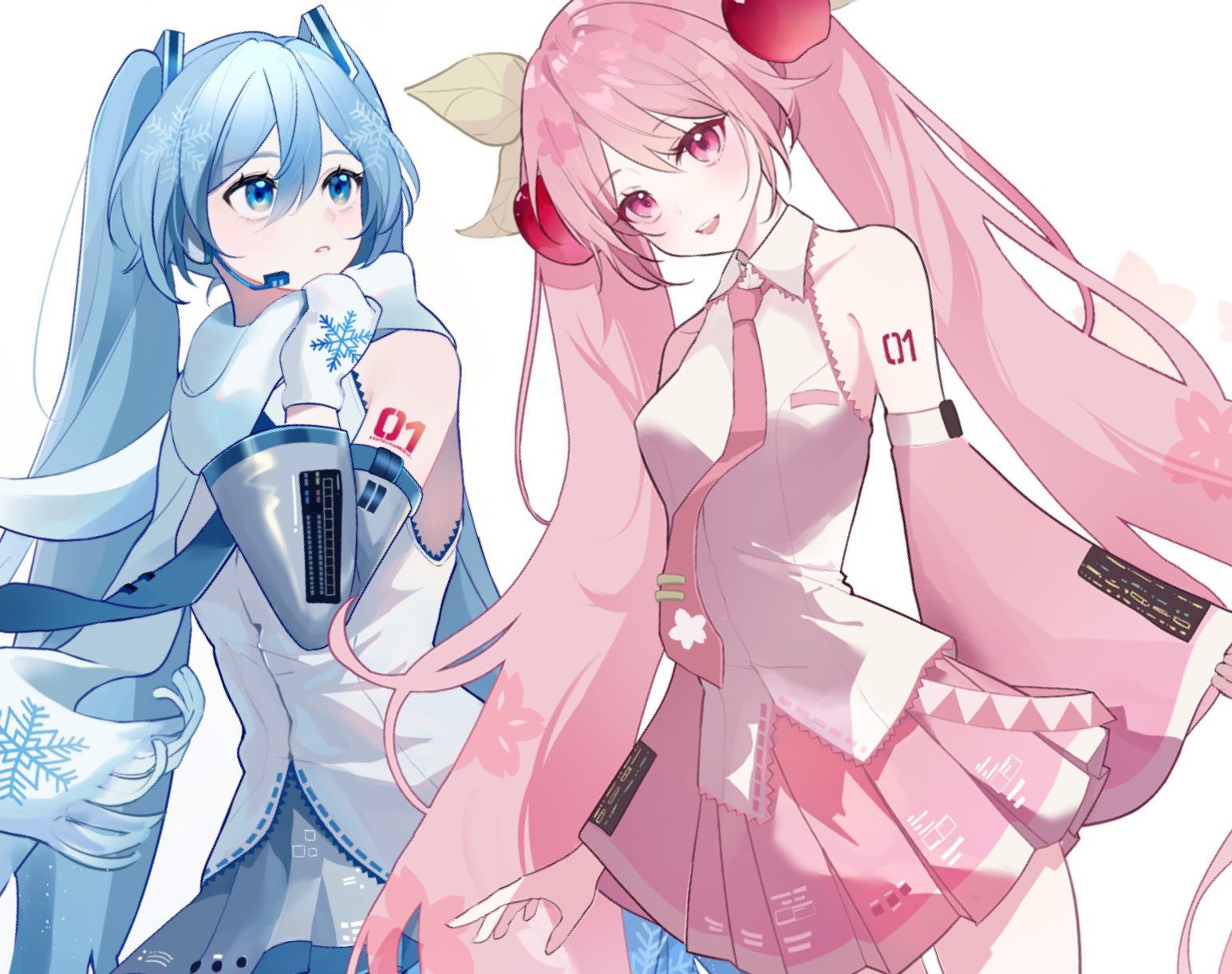konikoni1002, hatsune miku, sakura miku, yuki miku, yuki miku (2011), vocaloid, highres, 2girls, aqua eyes, aqua hair, aqua trim, arm tattoo, blue necktie, boots, breasts, cherry blossom print, cherry hair ornament, collarbone, collared shirt, detached sleeves, dual persona, floral print, food-themed hair ornament, grey skirt, grey sleeves, hair between eyes, hair ornament, headset, long hair, long sleeves, looking at viewer, medium breasts, mittens, multiple girls, multiple persona, necktie, number tattoo, official alternate costume, open mouth, pink eyes, pink hair, pink necktie, pink shirt, pink skirt, pink sleeves, pink trim, scarf, shirt, simple background, skirt, sleeveless, sleeveless shirt, smile, snowflake print, tattoo, twintails, very long hair, white background, white mittens, white scarf, wide sleeves