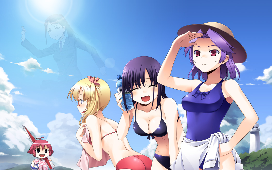 b.k., ichikura (bk), kajiki yumi, kanbara satomi, senoo kaori, touyoko momoko, tsuyama mutsuki, saki (manga), bad id, bad pixiv id, 00s, 5girls, bikini, bottle, breasts, cloud, day, lens flare, lighthouse, medium breasts, multiple girls, one-piece swimsuit, projected inset, swimsuit, water bottle