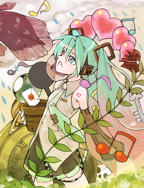 rokumen saikoro, hatsune miku, vocaloid, pot, 1girl, aqua eyes, aqua hair, detached sleeves, female focus, fish, headset, heart, key, letter, long hair, musical note, necktie, plant, skirt, solo, twintails, very long hair