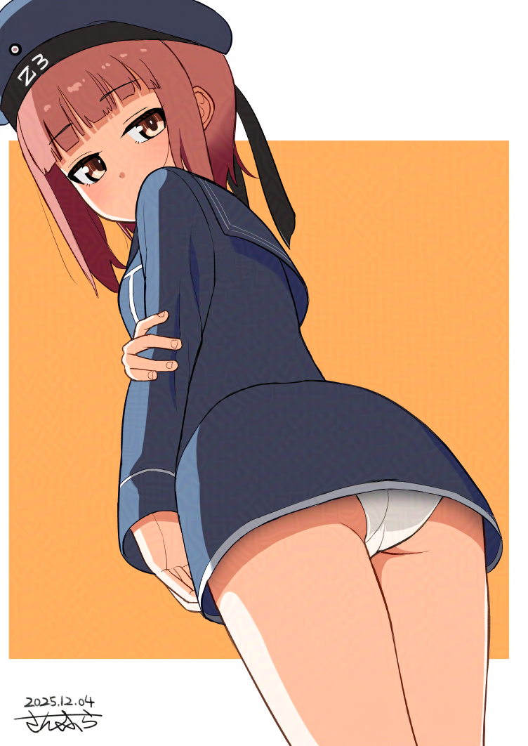 sun fle, kantai collection, ass, blue dress, blue hat, brown eyes, brown hair, dated, dress, hat, looking at viewer, looking back, orange background, panties, sailor dress, sailor hat, short hair, sidelocks, signature, underwear, white panties, z3 (kancolle)