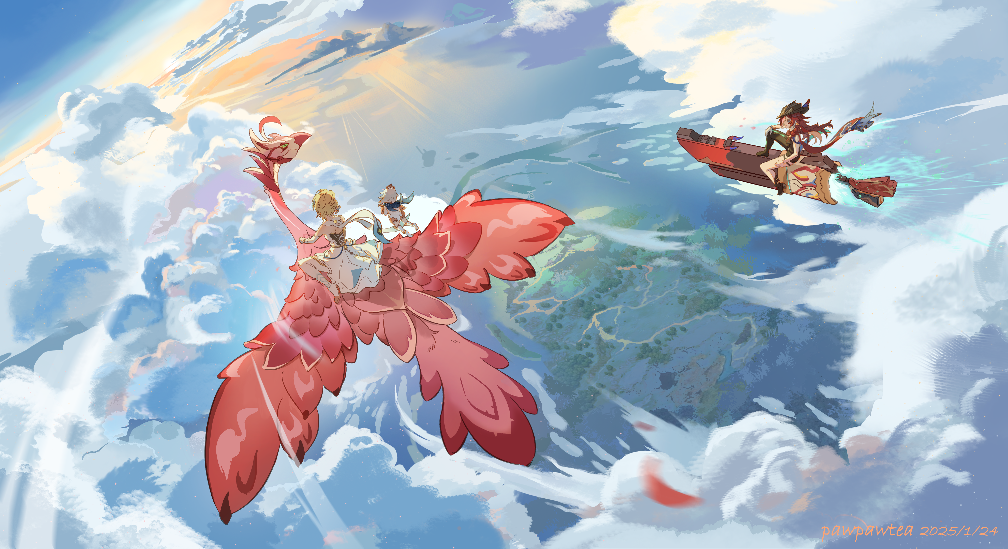 muguachahaohe, chasca (genshin impact), lumine (genshin impact), paimon (genshin impact), qucusaurus (genshin impact), genshin impact, absurdres, commentary request, highres, 3girls, artist name, asymmetrical pants, bare shoulders, black hat, black pants, blonde hair, blue eyes, boots, cloud, cowboy hat, dated, dress, elf, flying, from behind, full body, halo, hand on own knee, hat, long hair, multiple girls, pants, pointy ears, red hair, riding, rocket, scarf, short hair with long locks, thigh boots, white boots, white dress, white hair