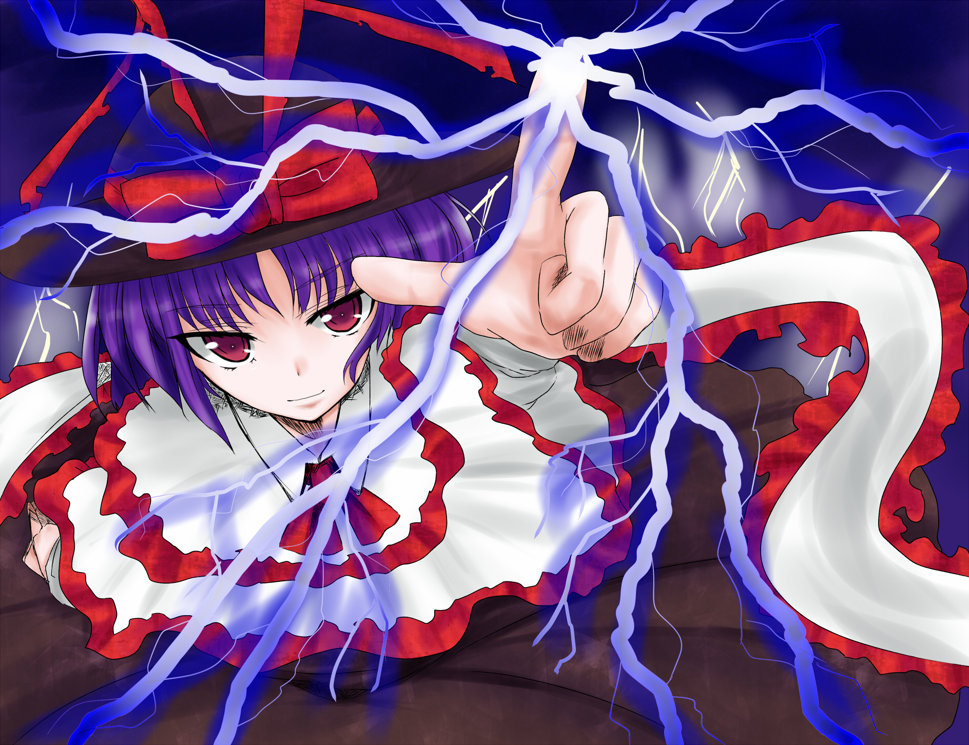 niwatori gunsou, nagae iku, touhou, highres, 1girl, capelet, dress, electricity, female focus, from above, long sleeves, looking at viewer, pointing, pointing up, purple hair, red eyes, solo, white dress