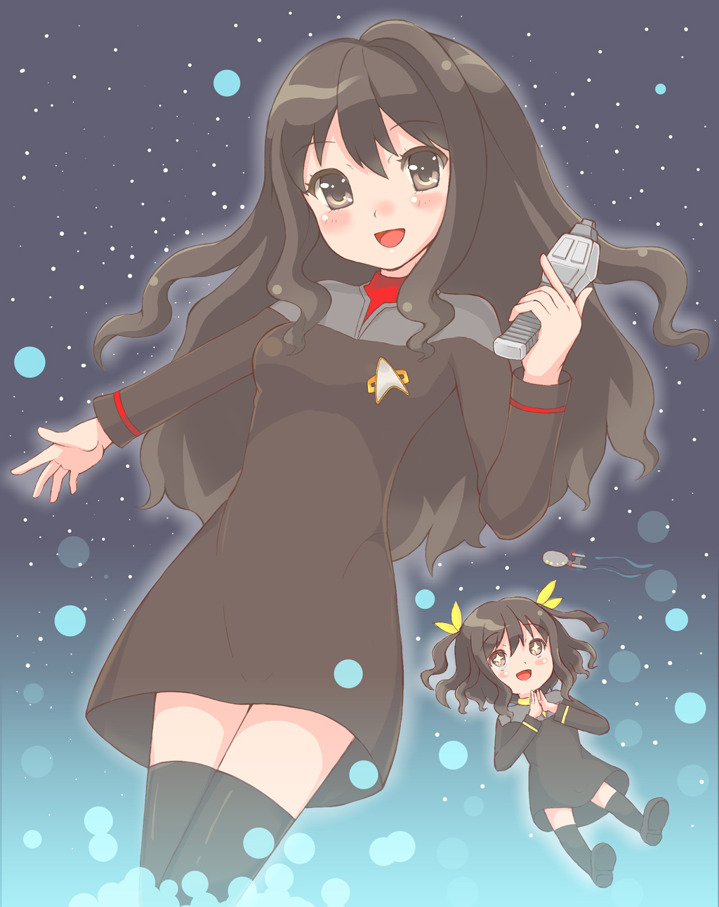 retorillo, original, star trek, bad id, bad pixiv id, highres, + +, 2girls, brown eyes, brown hair, cosplay, female focus, long hair, multiple girls, parody, thighhighs, zettai ryouiki