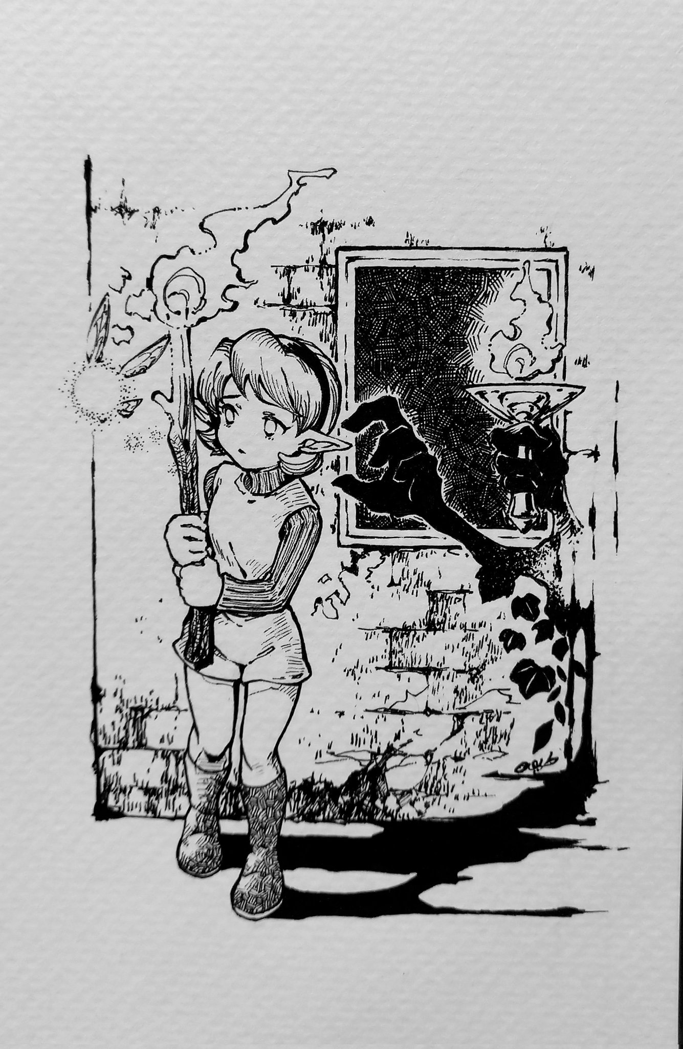 kandori makoto, poe (zelda), poe sisters, saria (zelda), nintendo, the legend of zelda, the legend of zelda: ocarina of time, traditional media, 1girl, boots, deku stick, fairy, fire, greyscale, hairband, monochrome, painting (object), pointy ears, shorts, solo, stick, sweater, torch, tunic, turtleneck, turtleneck sweater