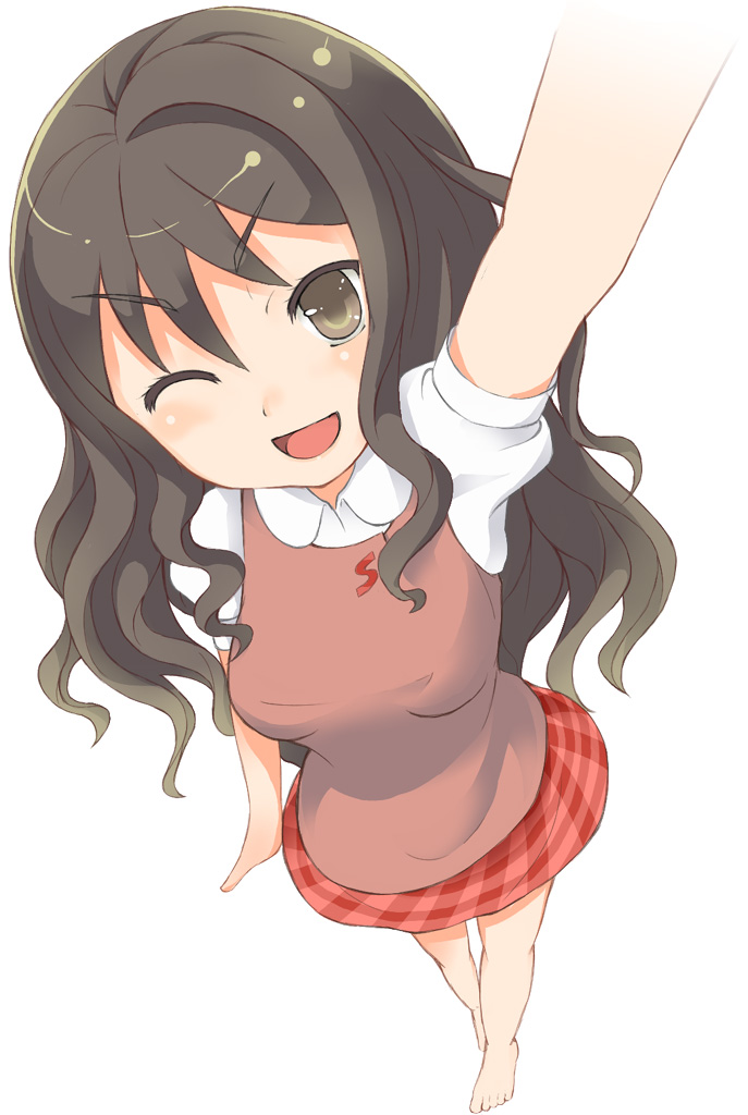 retorillo, original, bad id, bad pixiv id, 1girl, arm up, barefoot, brown eyes, brown hair, female focus, from above, long hair, one eye closed, open mouth, school uniform, skirt, solo, wink