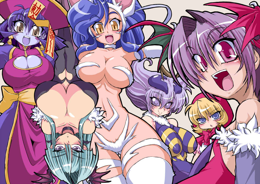 great magami, b.b. hood, felicia (darkstalkers), hsien-ko, lilith (darkstalkers), morrigan aensland, q-bee, capcom, darkstalkers, fur, 6+girls, :<, animal ears, animal hands, antennae, blonde hair, blue eyes, blue hair, blue skin, blush, blush stickers, breasts, brown eyes, cat ears, china dress, chinese clothes, cleavage, cleavage cutout, clothing cutout, colored skin, curvy, demon girl, dress, green hair, hat, head wings, hood, jiangshi, large breasts, long hair, multiple girls, navel, ofuda, open mouth, pantyhose, pink eyes, purple eyes, purple hair, qingdai guanmao, slit pupils, upside-down, wings, zombie