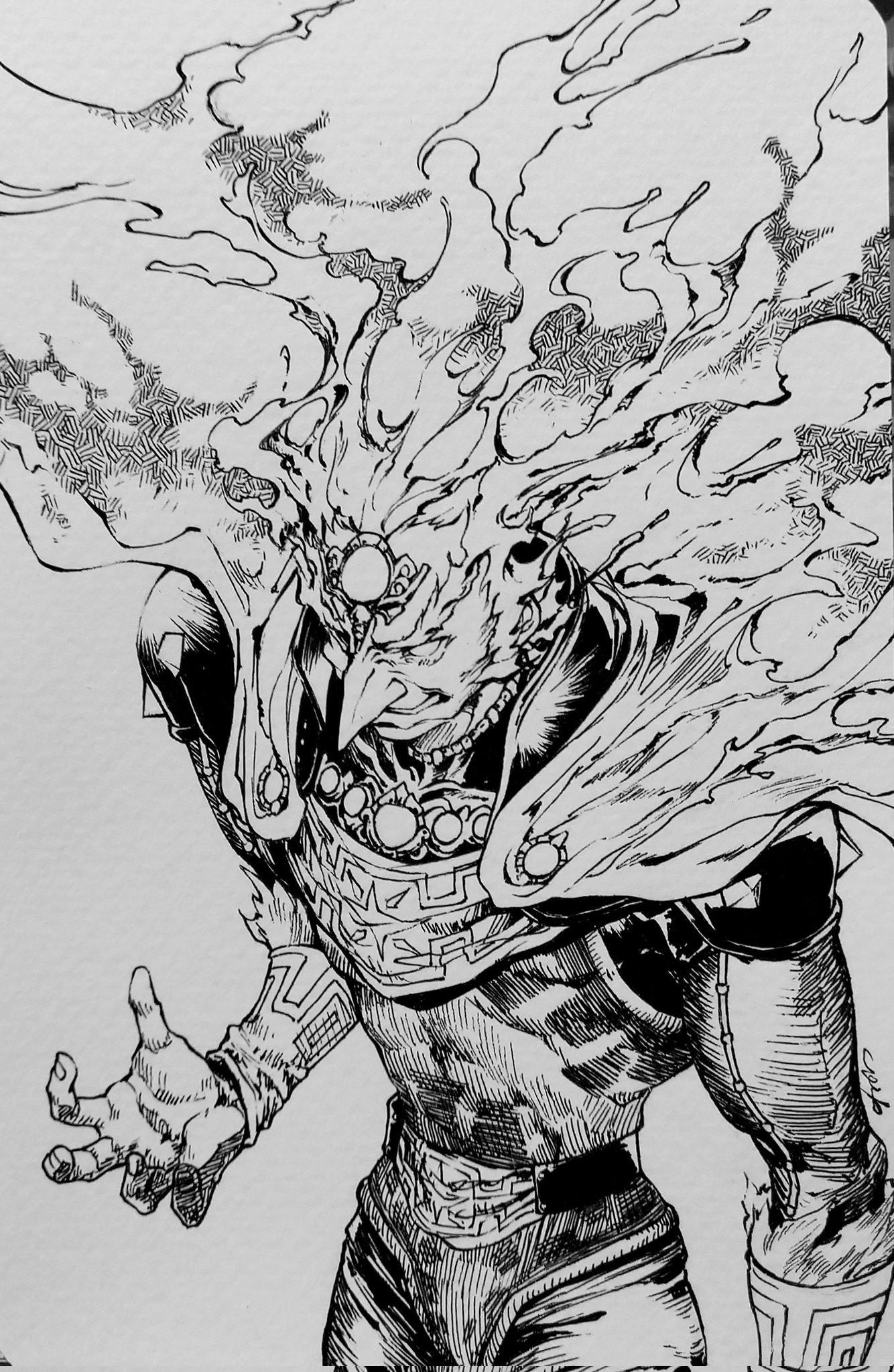 kandori makoto, ganondorf, nintendo, the legend of zelda, the legend of zelda: ocarina of time, traditional media, 1boy, armor, cape, cowboy shot, forehead jewel, from above, greyscale, grin, monochrome, smile, solo