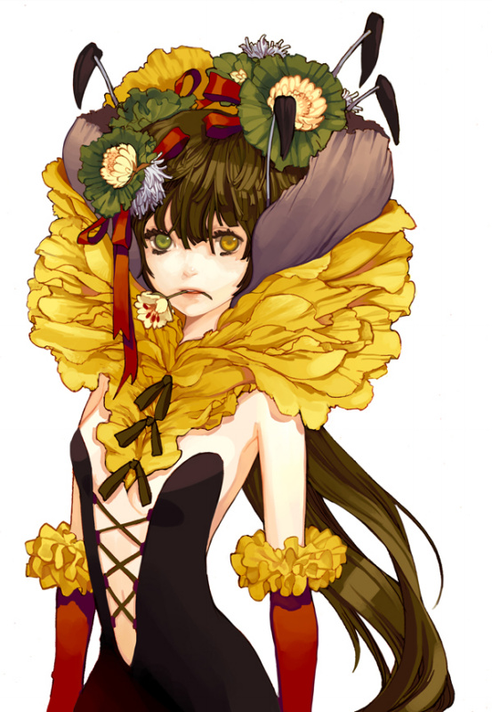 serenade (sinohi), original, bad id, bad pixiv id, brown hair, flower, frills, heterochromia, long hair, mouth hold, solo, very long hair