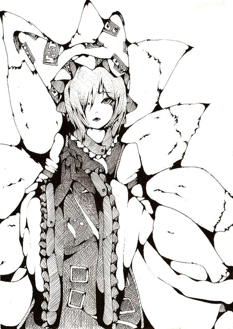 alluno, yakumo ran, touhou, 1girl, animal ears, animal hat, female focus, fox ears, fox tail, greyscale, hat, long sleeves, looking at viewer, mob cap, monochrome, open mouth, short hair, solo, tail, tassel, white background, wide sleeves