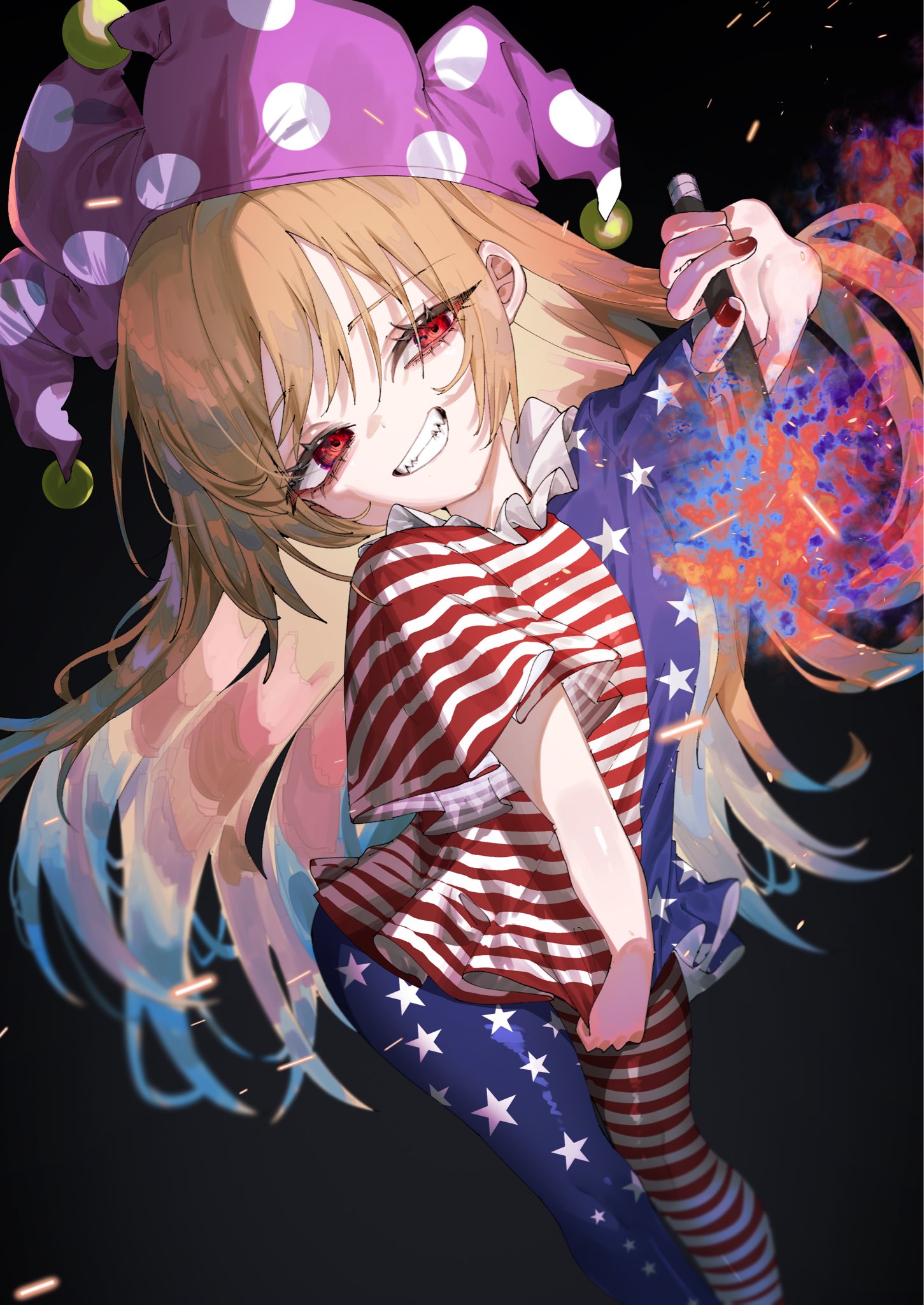 muraryo, clownpiece, touhou, highres, 1girl, american flag, american flag dress, american flag legwear, american flag print, blonde hair, dark background, dress, fairy, flag print, frilled dress, frills, grin, hat, holding, holding torch, long hair, pink hat, polka dot, polka dot headwear, red eyes, short sleeves, smile, solo, standing, torch, very long hair