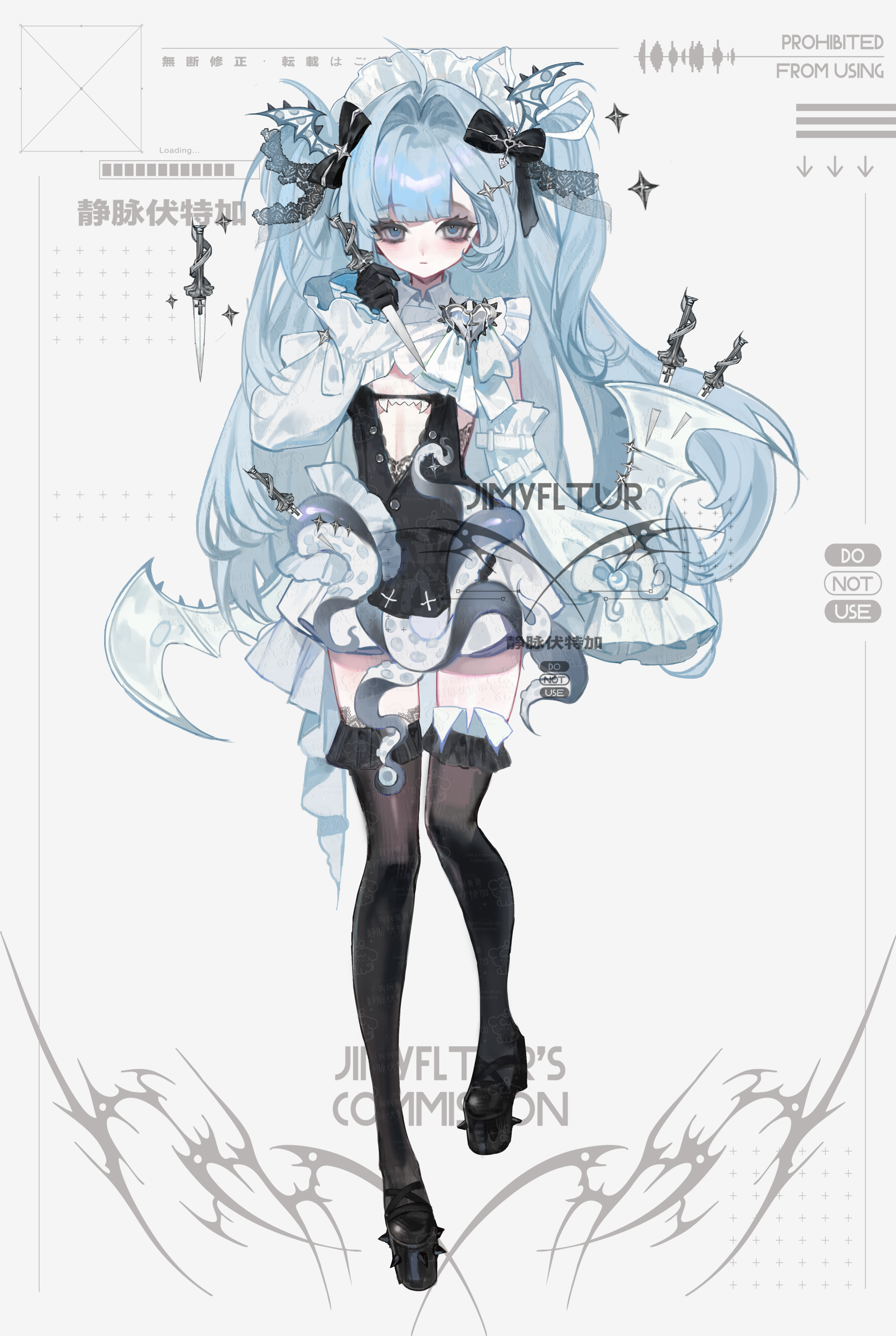 jingmaifu, original, absurdres, commission, highres, 1girl, bat wings, black bow, black gloves, black shoes, black thighhighs, blue eyes, blue hair, blunt bangs, bow, breast cutout, closed mouth, dagger, detached sleeves, dress, expressionless, eyelashes, full body, gloves, hair bow, hair intakes, hair ornament, hair ribbon, headdress, holding, holding dagger, holding knife, holding weapon, knife, lace, long hair, long sleeves, looking at viewer, makeup, ribbon, rouge (makeup), shoes, single sidelock, single sleeve past fingers, solo, tentacles, thighhighs, thorns, too many watermarks, twintails, watermark, weapon, white headdress, white ribbon, white wings, wings