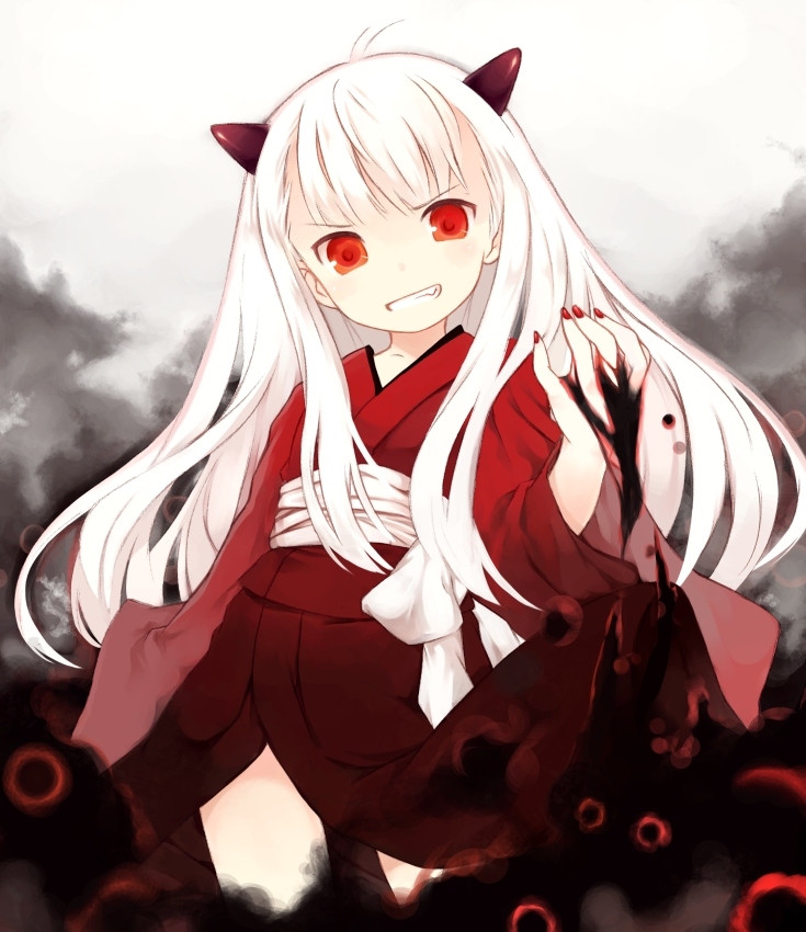 kurasuke, 1girl, albino, child, darkness, demon girl, female focus, grin, horns, japanese clothes, kimono, long hair, monster girl, nail polish, red eyes, red nails, smile, solo, white hair