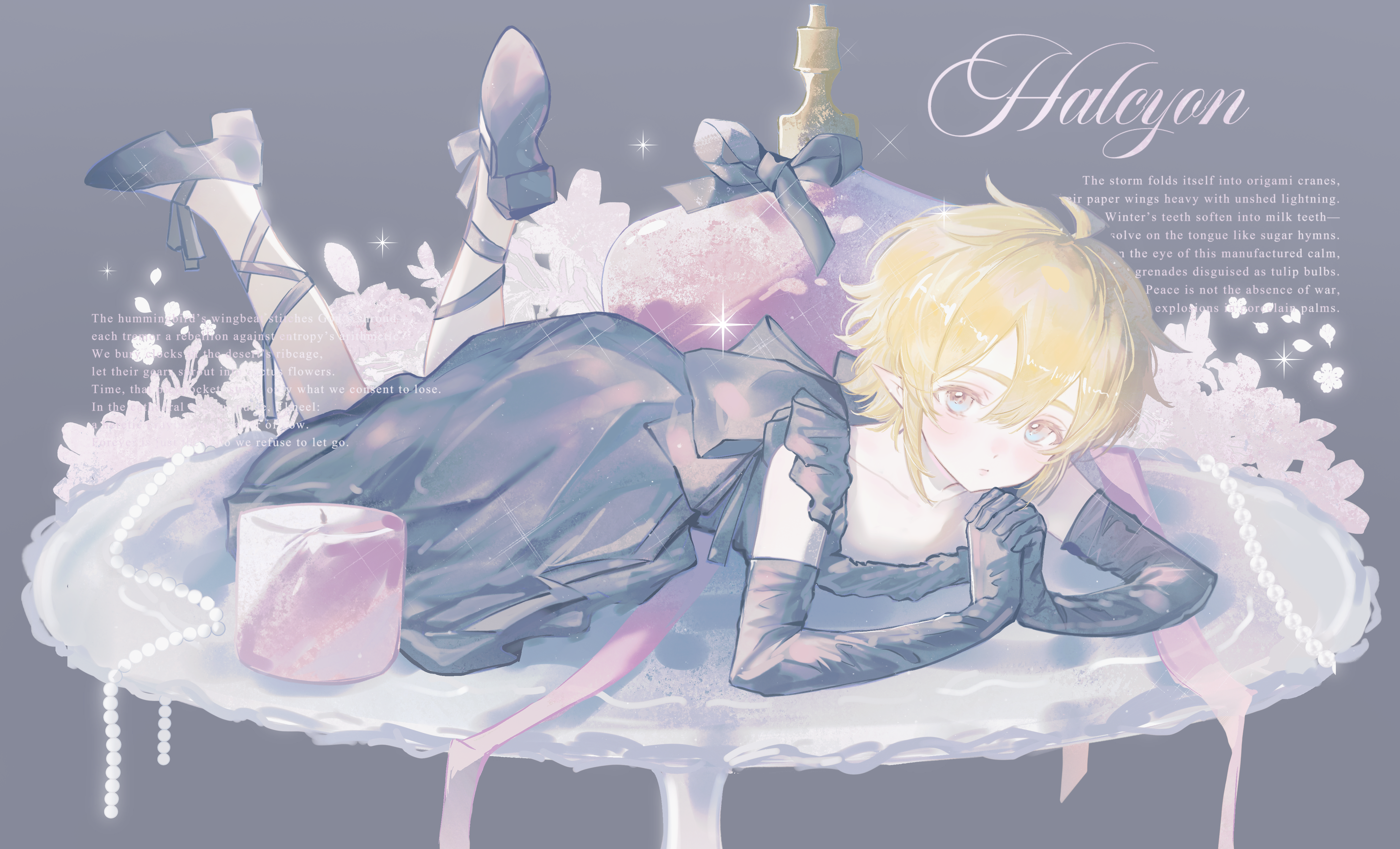 plutoray, king (aotu world), aotu world, absurdres, commentary, english commentary, highres, 1boy, ahoge, alternate costume, beads, black bow, black dress, black gloves, black ribbon, black shoes, blonde hair, blue eyes, blush, bottle, bow, candle, closed mouth, collarbone, crossdressing, crossdressing (mtf), dress, elbow gloves, english text, falling petals, flower, frilled dress, frills, full body, gem, gloves, grey background, hair between eyes, head rest, high heels, leg ribbon, looking at viewer, lying, male focus, on stomach, own hands together, pearl (gemstone), perfume bottle, petals, pink flower, pink ribbon, pointy ears, ribbon, shoes, short hair, sidelocks, simple background, sleeveless, sleeveless dress, solo, sparkle, trap