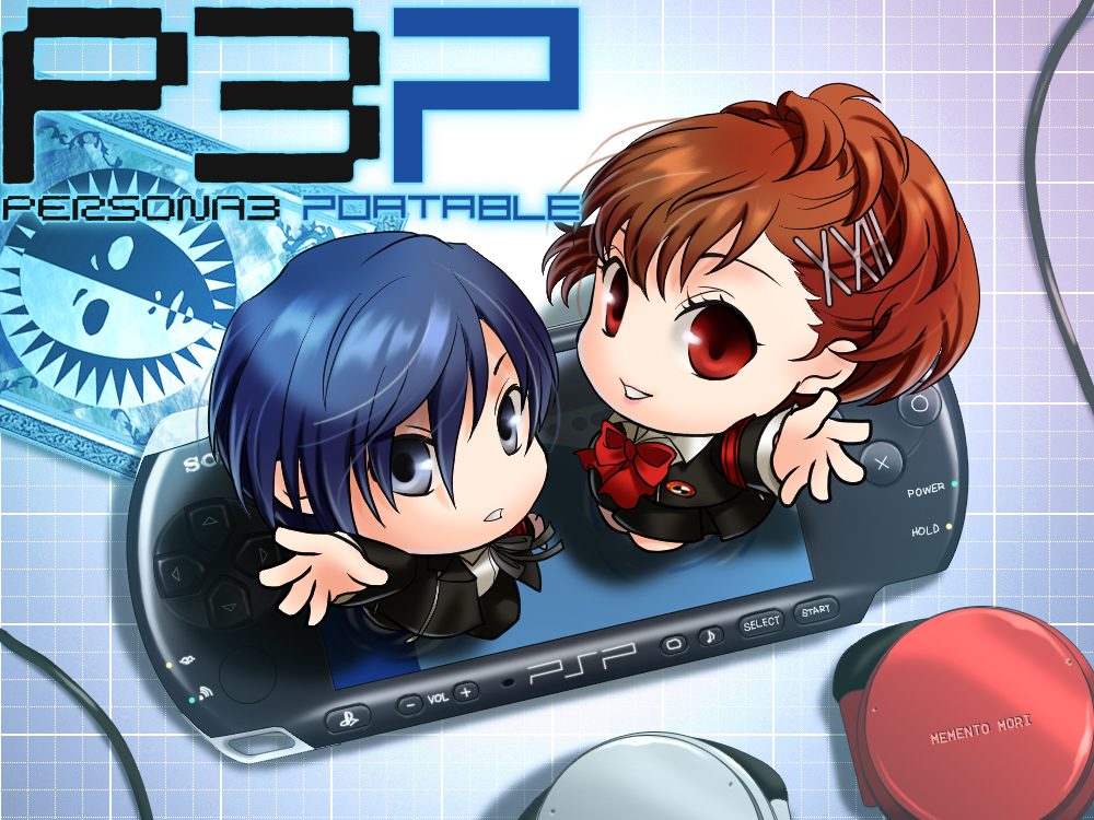 tsugumi suou, shiomi kotone, yuuki makoto (persona 3), atlus, persona, persona 3, persona 3 portable, bad id, bad pixiv id, 1boy, 1girl, black eyes, blue hair, brown eyes, brown hair, card, chibi, hair ornament, hairclip, handheld game console, headphones, playstation portable, school uniform, through medium, through screen