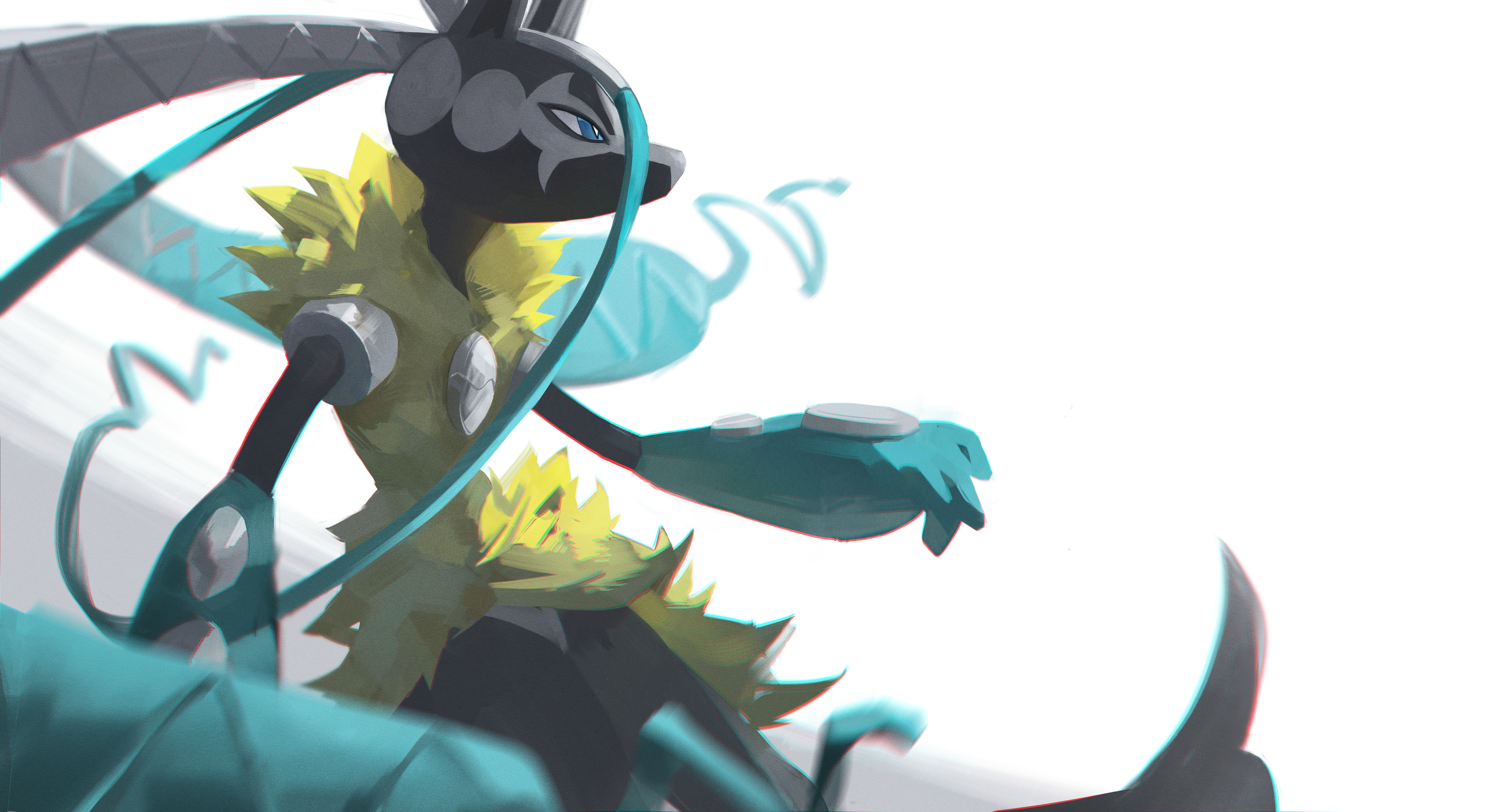 sebu, mega lucario z, nintendo, pokemon, absurdres, commentary, highres, blue eyes, blurry, bright pupils, chromatic aberration, depth of field, from side, pokemon (creature), pokemon focus, solo, white background, white pupils, yellow fur