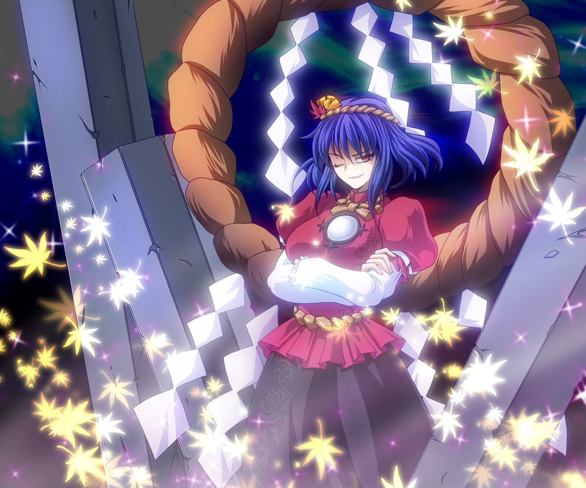 ootsuki wataru, yasaka kanako, touhou, bad id, bad pixiv id, highres, 1girl, female focus, one eye closed, solo, wink