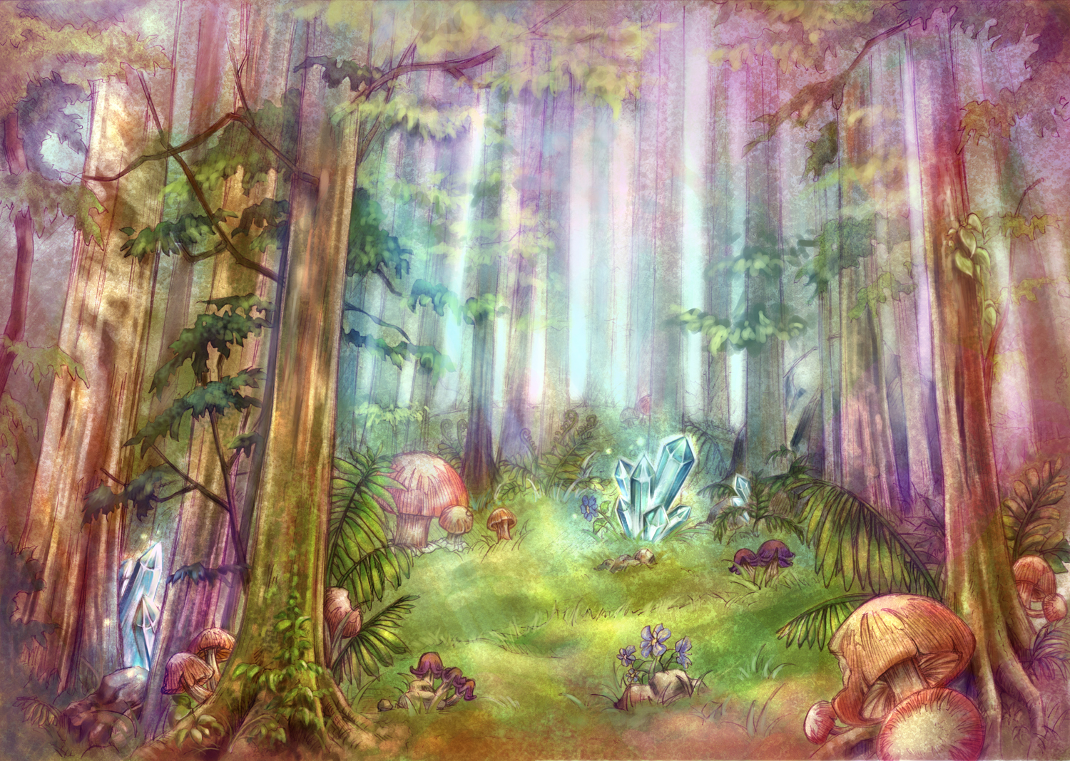 hiziri, bad id, bad pixiv id, tagme, crystal, forest, mushroom, nature, scenery