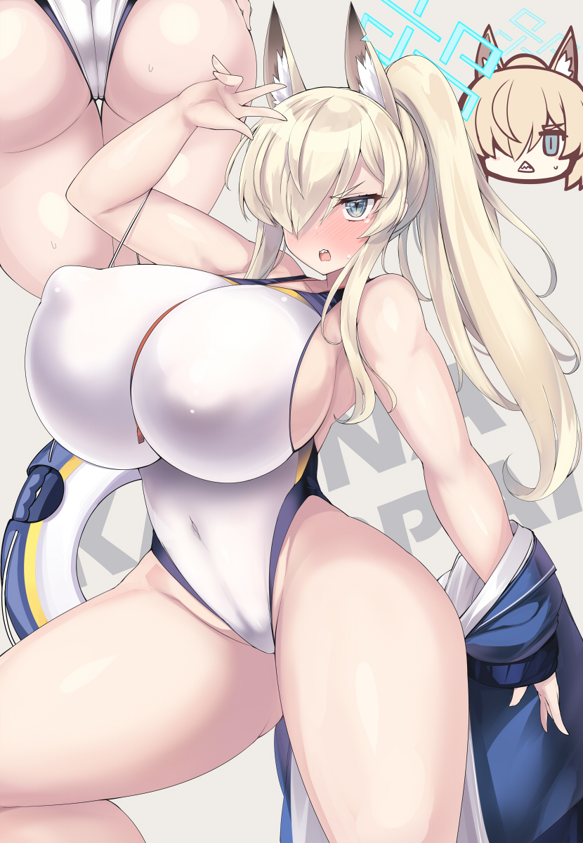 akikaze tsumuji, kanna (blue archive), kanna (swimsuit) (blue archive), blue archive, highres, 1girl, animal ear fluff, animal ears, blonde hair, blue eyes, blue halo, breasts, competition swimsuit, covered navel, dog ears, dog girl, extra ears, hair over one eye, halo, highleg, highleg one-piece swimsuit, huge breasts, innertube, long hair, looking at viewer, multiple views, notched ear, official alternate costume, one-piece swimsuit, ponytail, solo, swim ring, swimsuit, white one-piece swimsuit