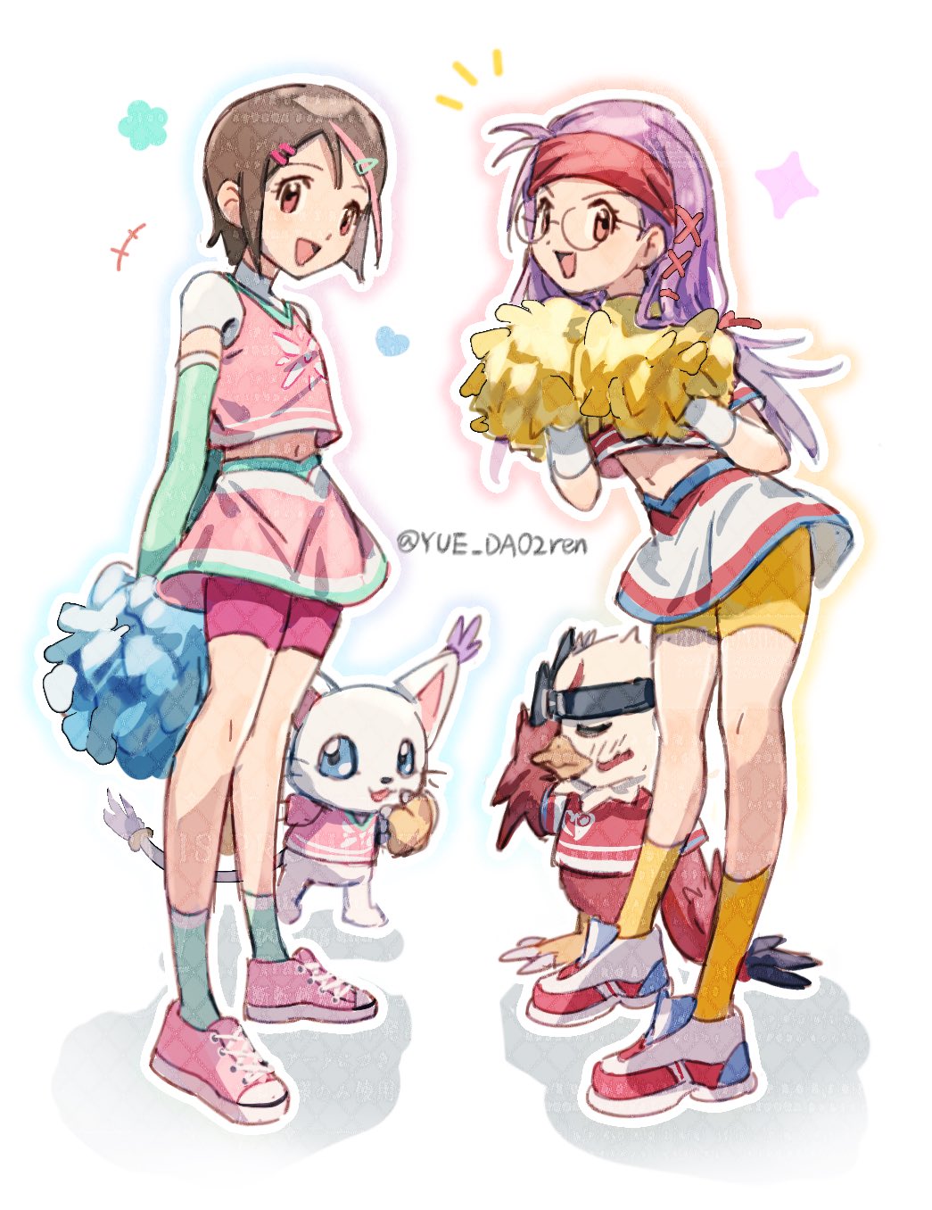 yue da02ren, hawkmon, inoue miyako, tailmon, yagami hikari, digimon, digimon adventure 02, highres, 2girls, bird, brown eyes, brown hair, cat, cheerleader, full body, glasses, headband, long hair, multiple girls, pink shirt, pink skirt, pom pom (cheerleading), purple hair, red headband, round eyewear, shirt, short hair, simple background, skirt, twitter username, white background, white skirt