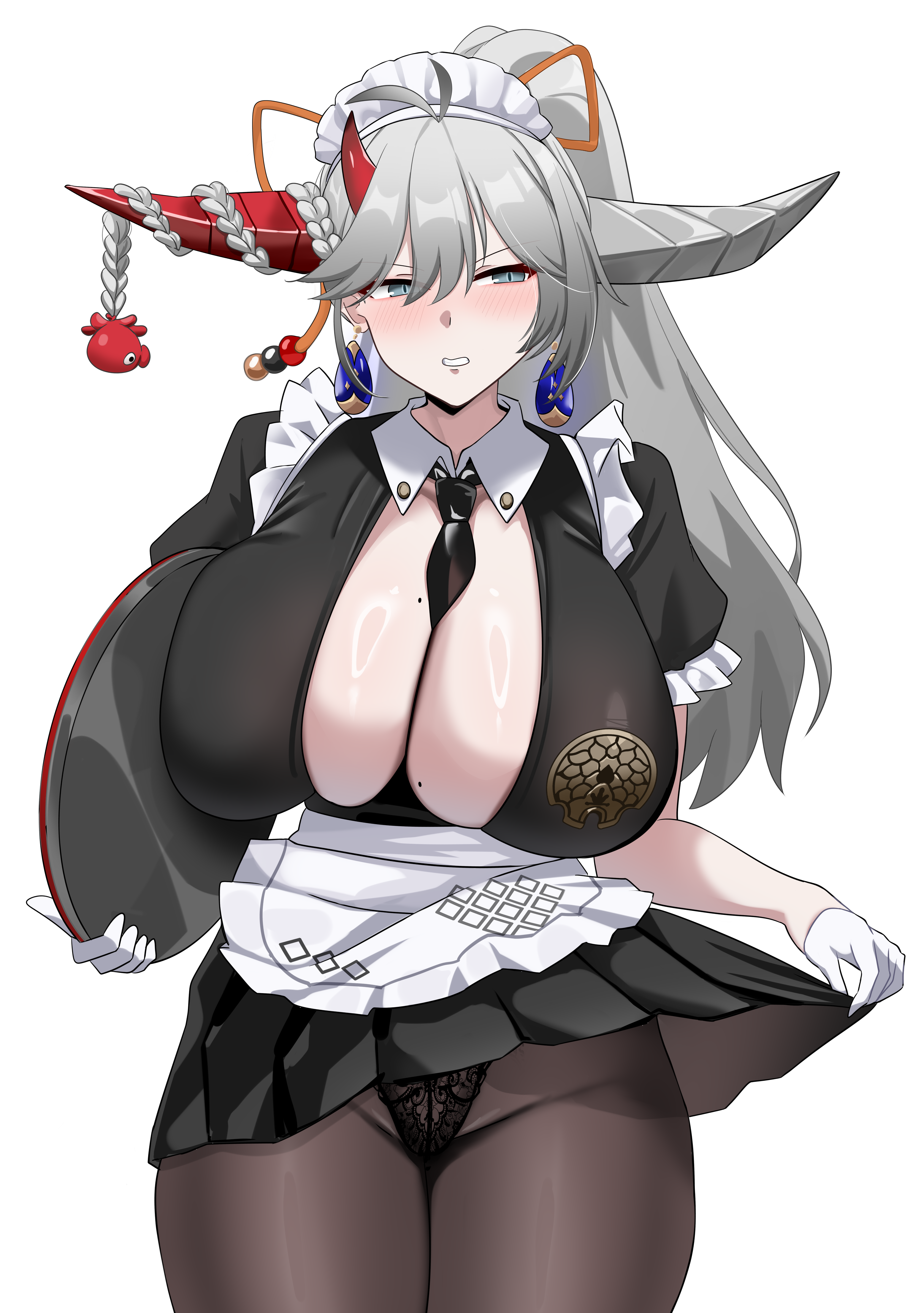 hci+, hakuryuu (azur lane), hakuryuu (slice dice and serve) (azur lane), azur lane, absurdres, highres, 1girl, asymmetrical horns, between breasts, black dress, black panties, black pantyhose, blush, breasts, center opening, cleavage, dress, earrings, embarrassed, gloves, green eyes, grey hair, half gloves, holding, holding tray, horns, huge breasts, jewelry, large breasts, lifting own clothes, long hair, looking to the side, maid, maid headdress, mismatched horns, mole, mole on breast, necktie, necktie between breasts, panties, panties under pantyhose, pantyhose, red horns, short sleeves, simple background, solo, tray, underwear, white background, white gloves, white horns